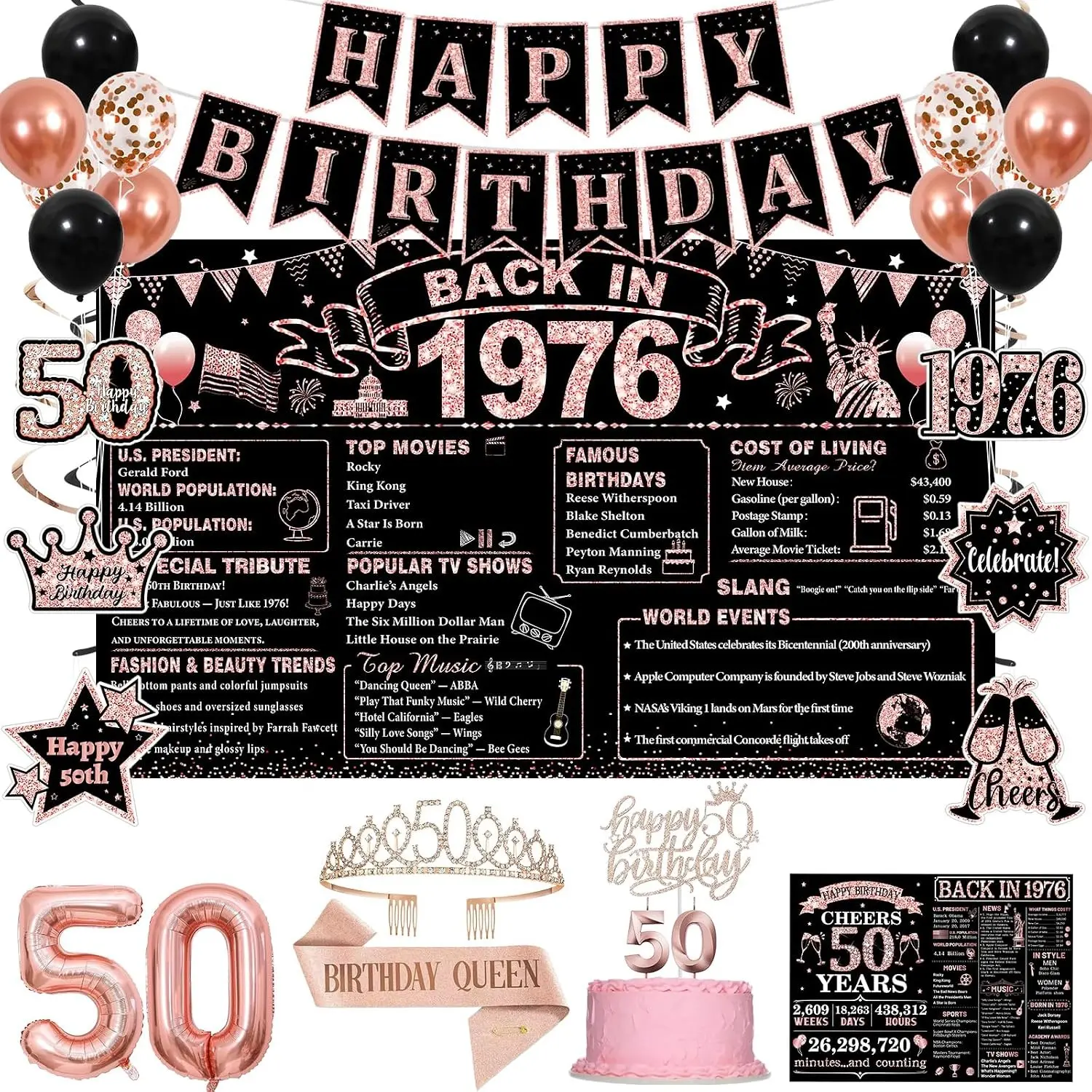 50th Birthday Decorations Rose Gold Black Back in 1976 Party Supplies Kit for Women with Happy 50th Birthday Banner Crown Sash Backdrop Cake Topper
