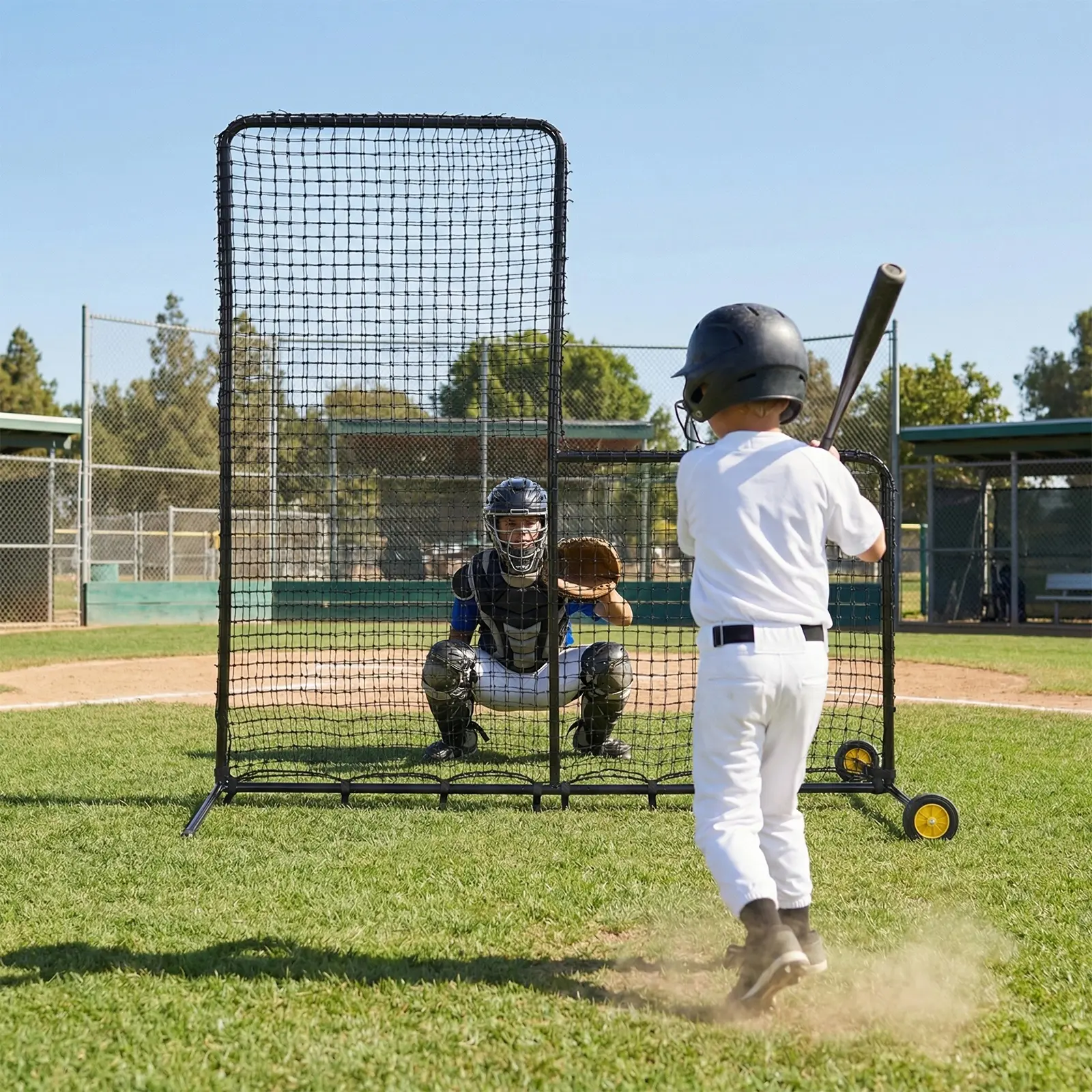 7x7FT L-Shaped Baseball Pitching Net with Wheels - Steel Protective Screen for Batting Cage, Field, Softball & Tee-Ball Practice - Portable 7x7FT Pitcher Net