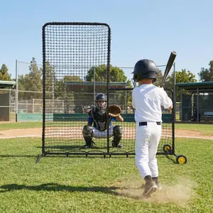 7x7FT L-Shaped Baseball Pitching Net with Wheels - Steel Protective Screen for Batting Cage, Field, Softball & Tee-Ball Practice - Portable 7x7FT Pitcher Net