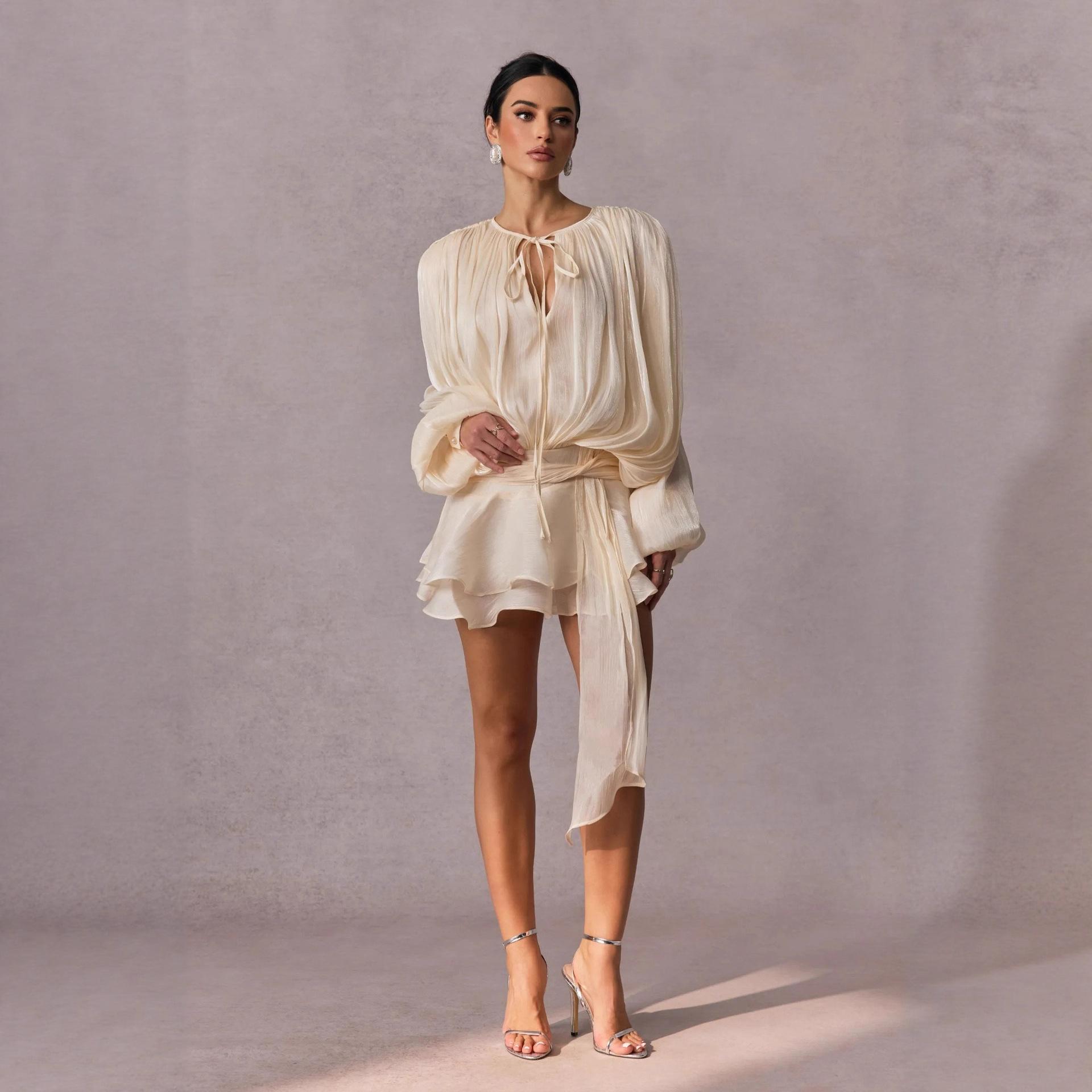 sequin fabric pleated lantern sleeves multi-layered ruffled hem mini dress,Pleated Ruffle Hem Mini Dress Hollow Out Tiered