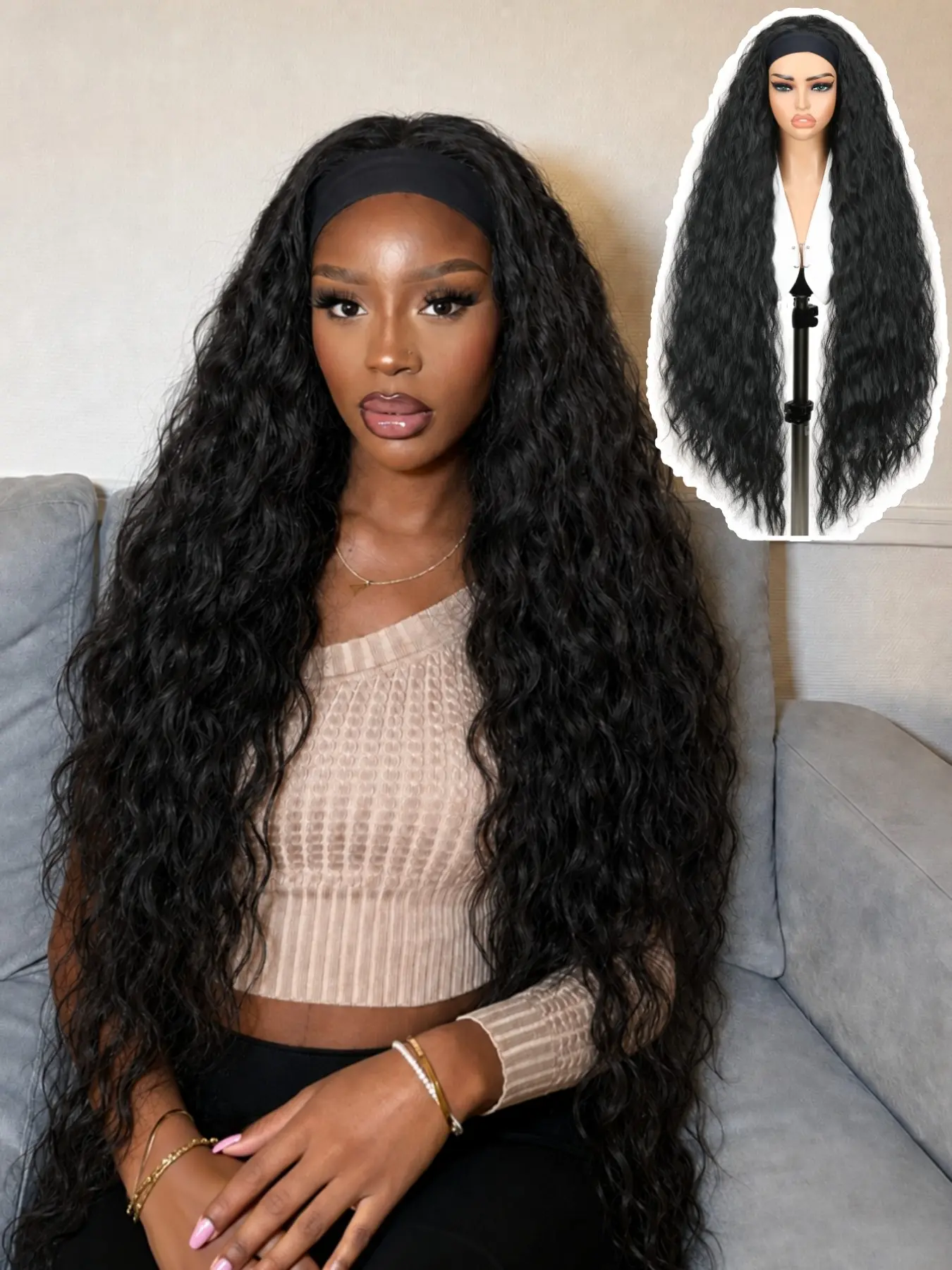 Super Long Wavy Headband Wigs for Women, Glueless Synthetic Hair, No Lace Front, Daily Use & Cosplay, Extra Long Curly Wigs