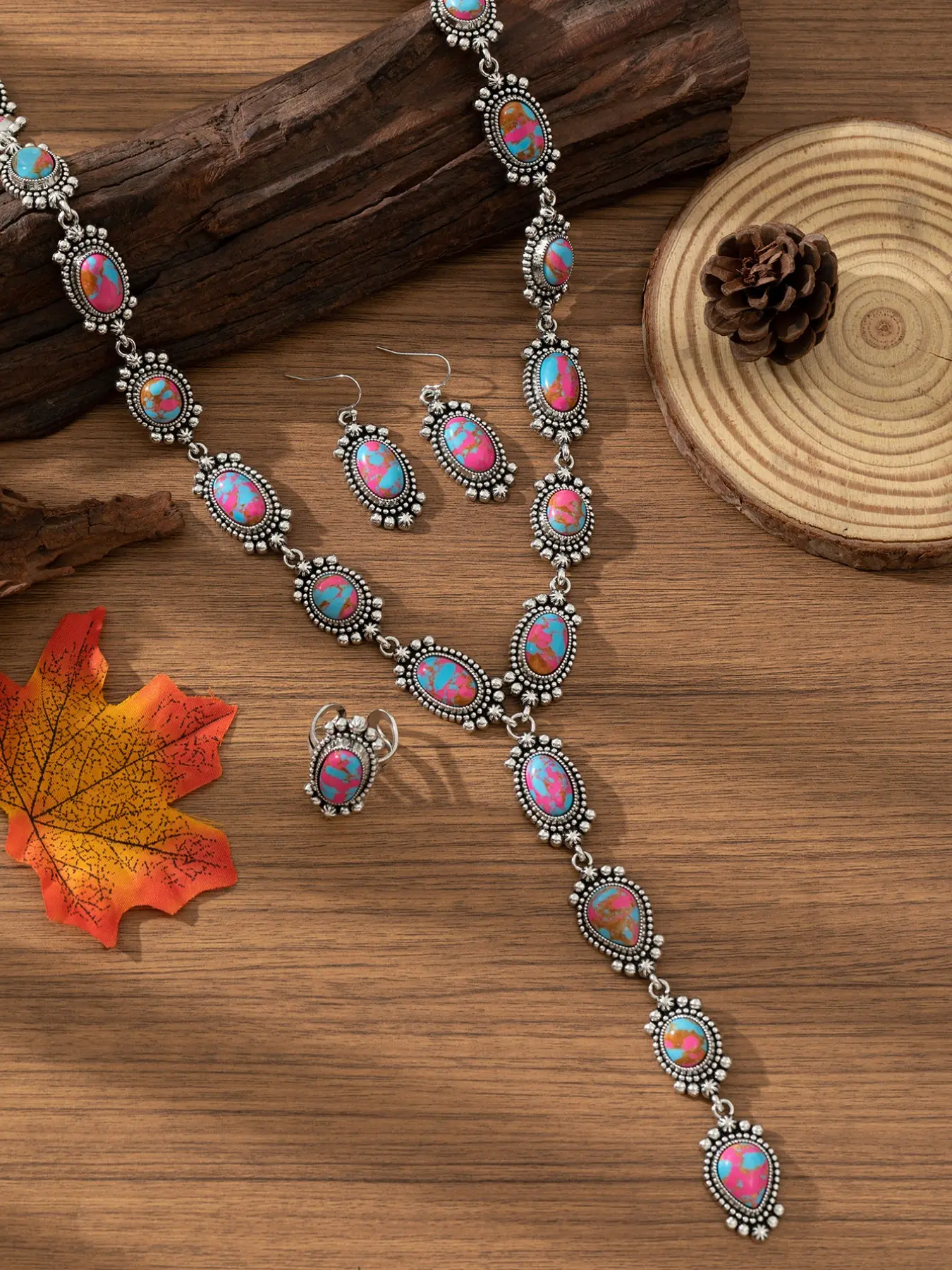 Vintage Western Pink Turquoise Long Y-Necklace & Drop Earrings Ring Set, Bohemian Rodeo Jewelry Gift, Necklace And Earring Set