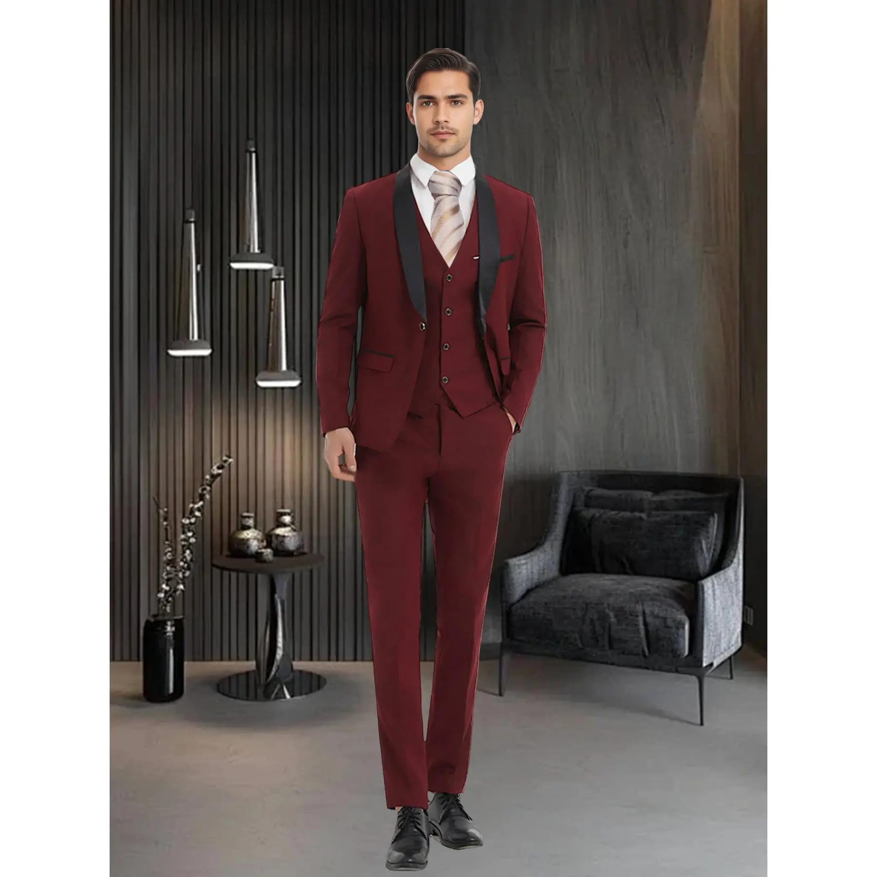 Men's 4-Piece Luxury Polyester Formal Suit - Shawl Collar Jacket, Long-Sleeve Top, Gold Necktie, Pants - Menswear Workwear Fabric for Weddings, Business, Formal Wear, Set, Plain, Viscose, All Seasons, Vest, Button, Evening, Fashion, No, Dress, Woven