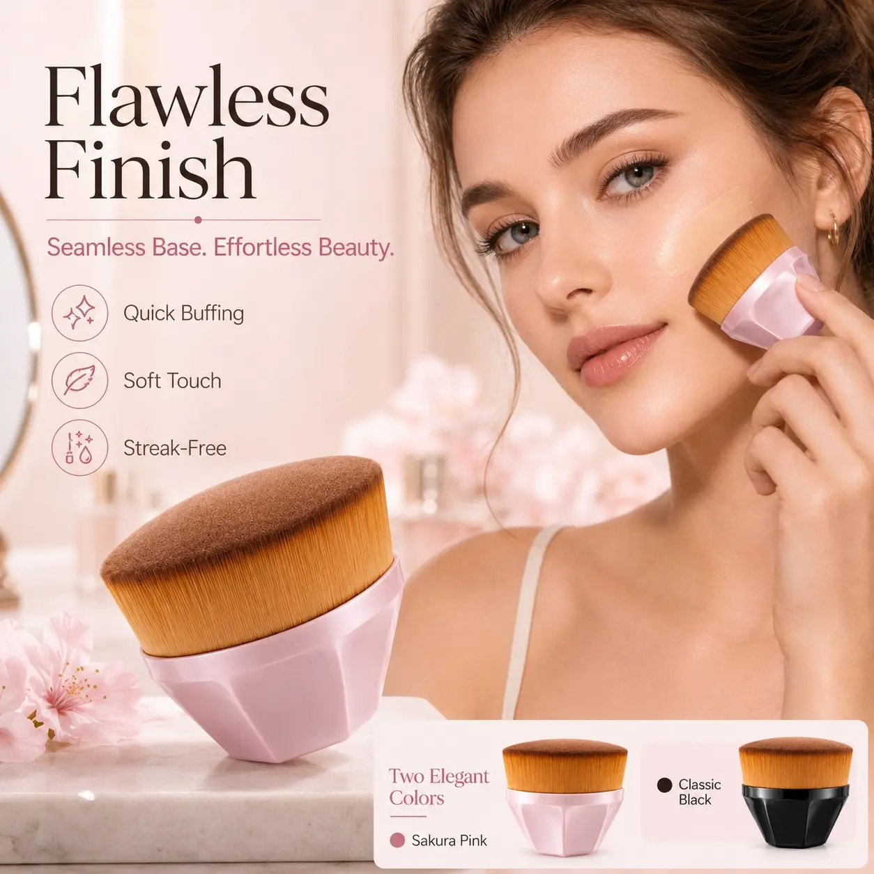 Flat-Top Foundation Brush with Protective Cover, High-Density Bristles, Multi-Purpose Makeup Brush, Portable Travel Applicator