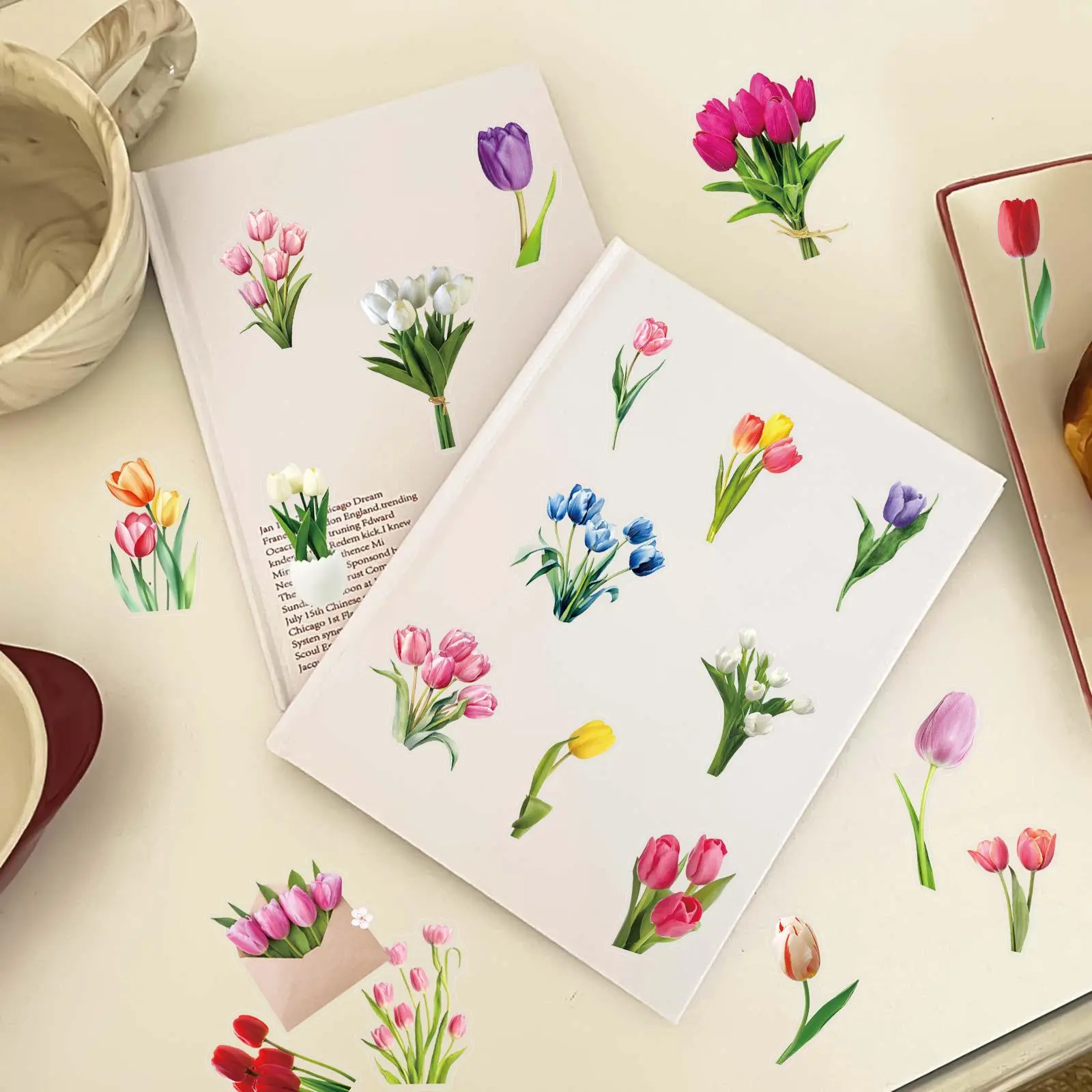 50Pcs Transparent Tulip Waterproof Toy Stickers Decorative Water Cup Bookcase Window Luggage Refrigerator Sticker Not Repeat