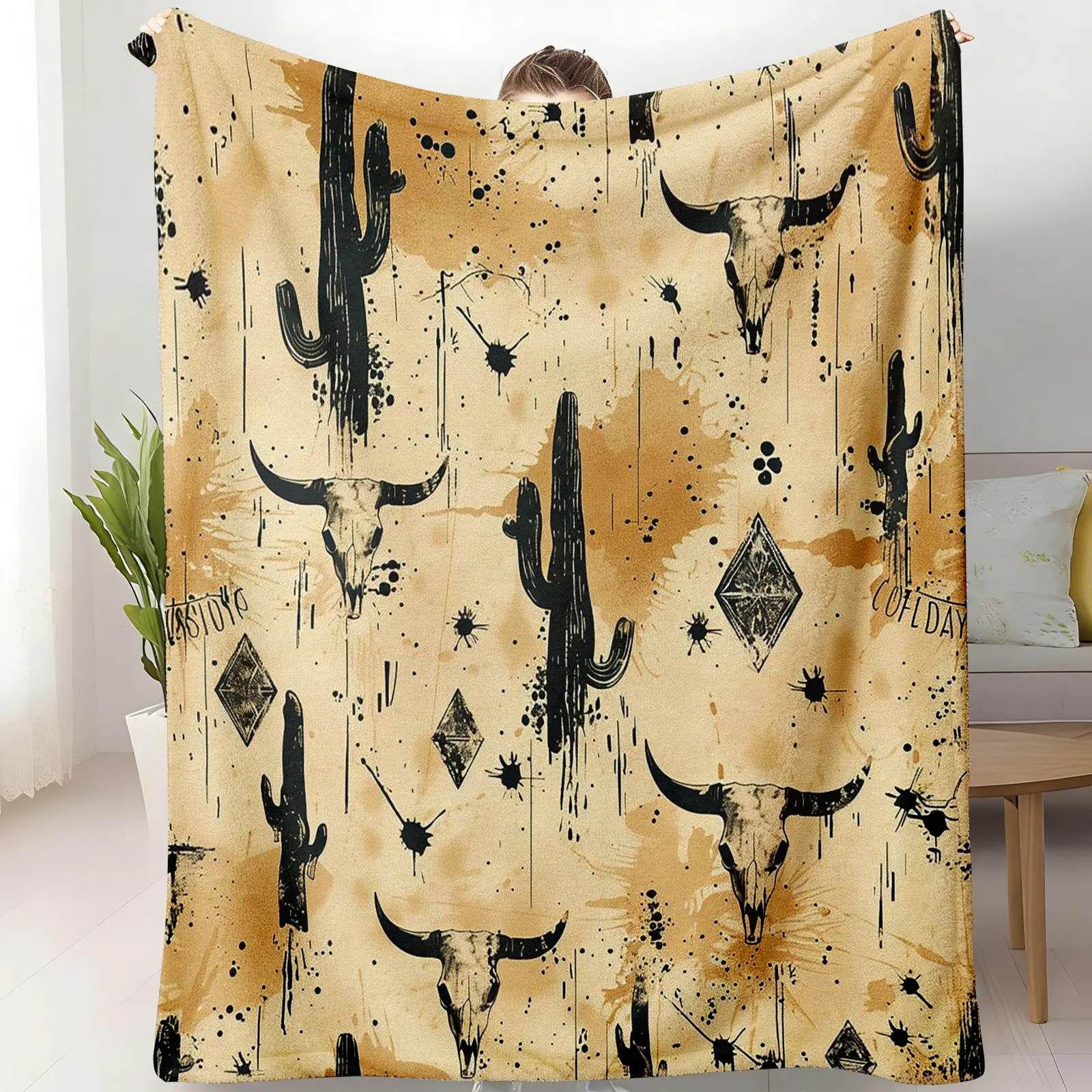 Rustic Western Print Blanket - Vintage Cow Skull Cactus Ink Splash Flannel Throw, Polyester Crochet Fabric, Soft Warm for Daily Home Rooms Sofa, Unique Gift for Cowboy Lovers, Western Print Blankets, Indoor