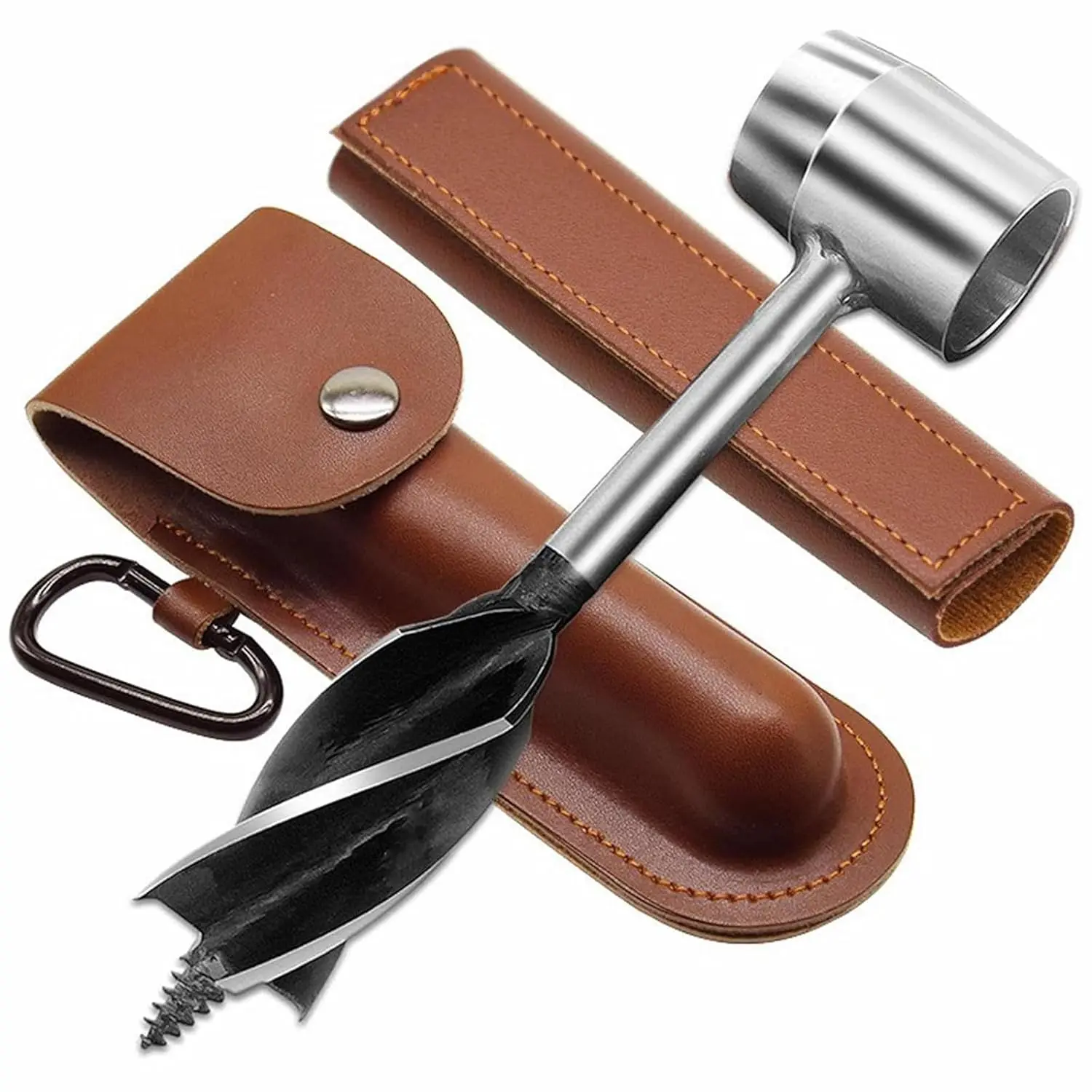 Bushcraft Gear Hand Auger  Drill,Made of Quality Hardened Oxidized Steel Materials Manual Hole Maker Multitool with Leather Case Camping Brown