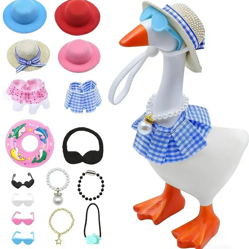 7 Inch Mini Duck Dress-Up Set, 16 Pieces with Hats, Glasses, Bikinis, Swim Rings, Dresses, Magnetic Keychain Decor, Office Gift