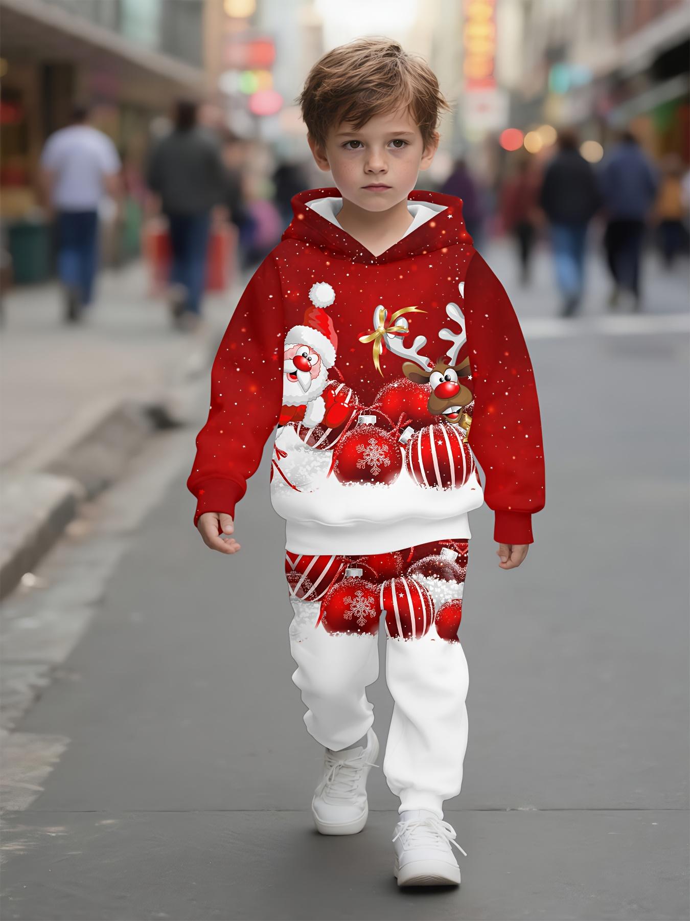 Latest Christmas Boy Hoodie Set, comfortable sports shirt and long pants set, Christmas theme, red and green festive design, featuring Santa Claus, gingerbread children and Christmas decorations, suitable for boys' holiday parties, Christmas clothing