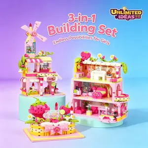 3-in-1 Sweet Dreamer Girls House Building Blocks Toys, DIY Pink Castle Cake Shop Windmill Model, Creative Construction Toy for Kids, Desktop Decor Ornament, Ideal Birthday Gift for Girls