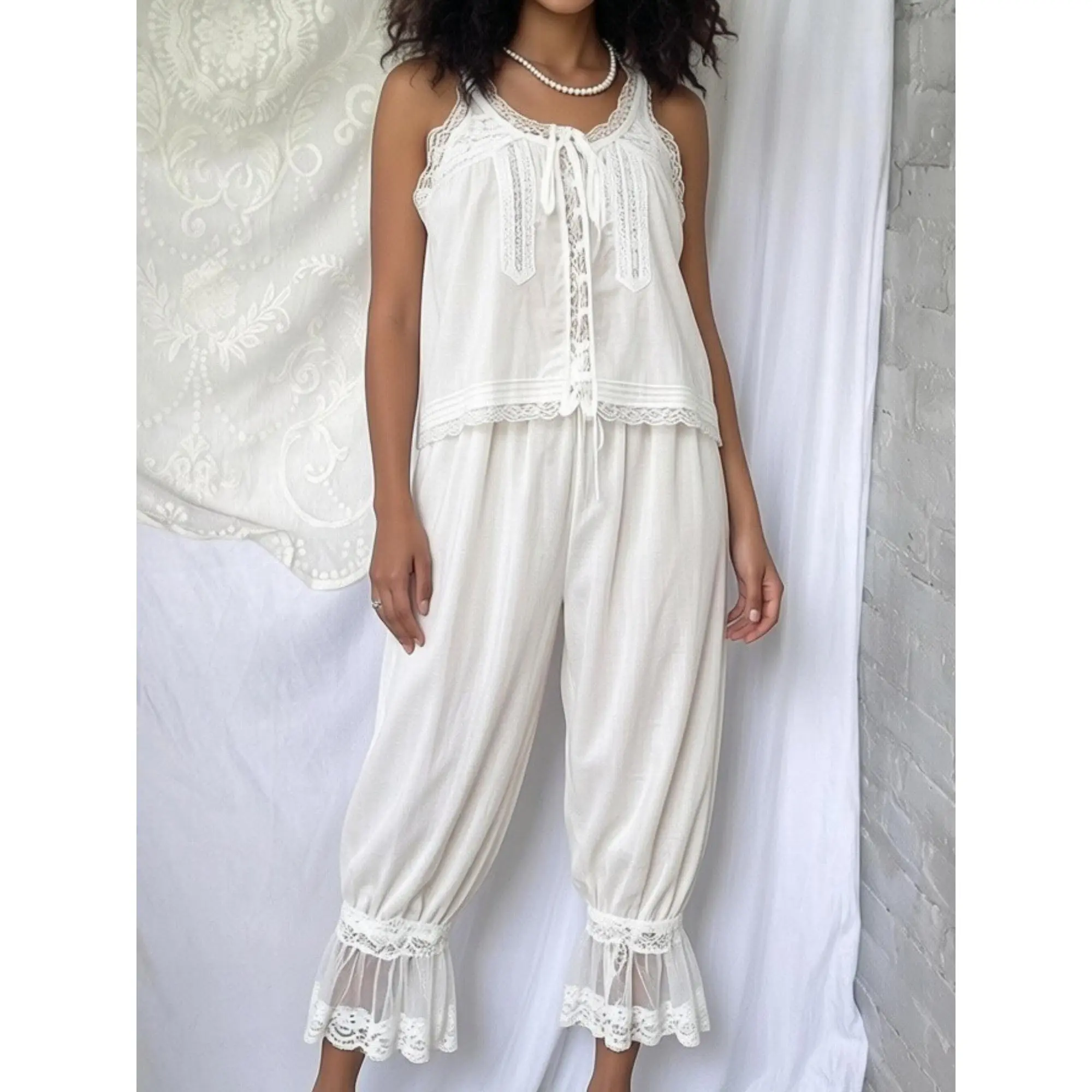 y2k 2 Piece Outfit Sets Women Sleeveless Tie Front Lace Trim Tank Tops Drawstring Pants