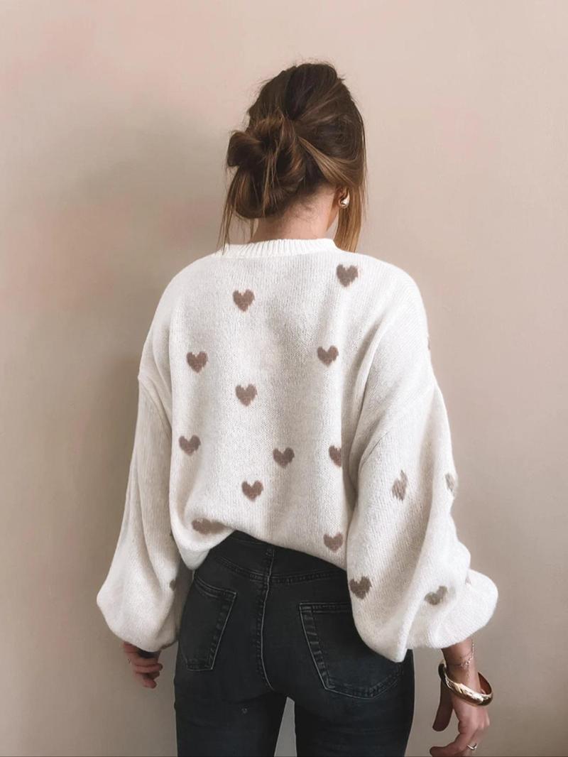 Women's All Over Heart Print Drop Shoulder Sweater, Casual Long Sleeve Round Neck Jumper for Fall & Winter, Fashion Ladies' Knitwear for Daily Wear Women's All Over Heart Print Drop Shoulder Sweater, Casual Long Sleeve Round Neck Jumper for Fall & Winter, Fashion Ladies' Knitwear for Daily Wear