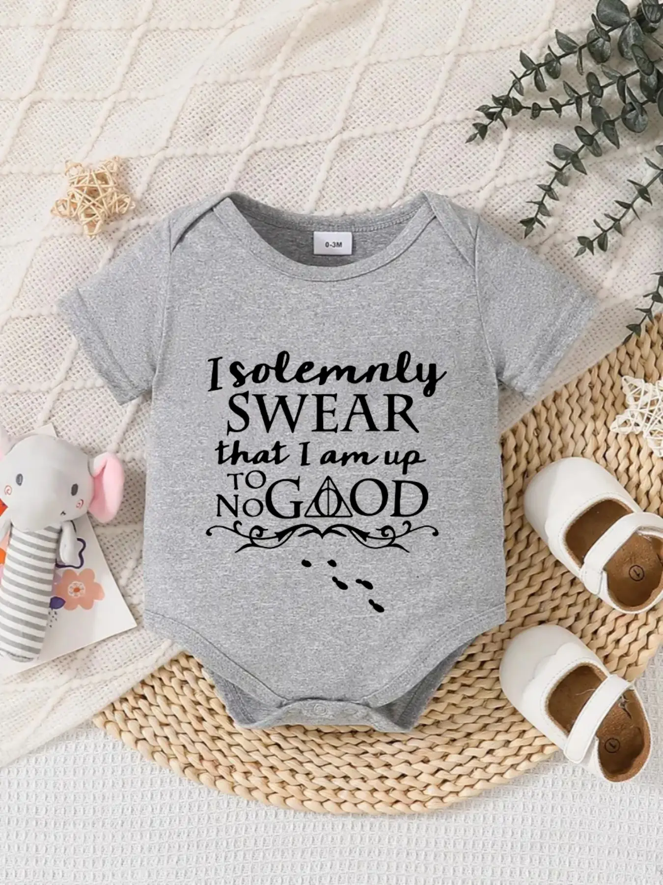 Newborn Summer Short Sleeve Jumpsuit, Unisex Baby Harry Potter Magic Letter Print, Cute Infant Onesie, Natural Waist, Fitted Style