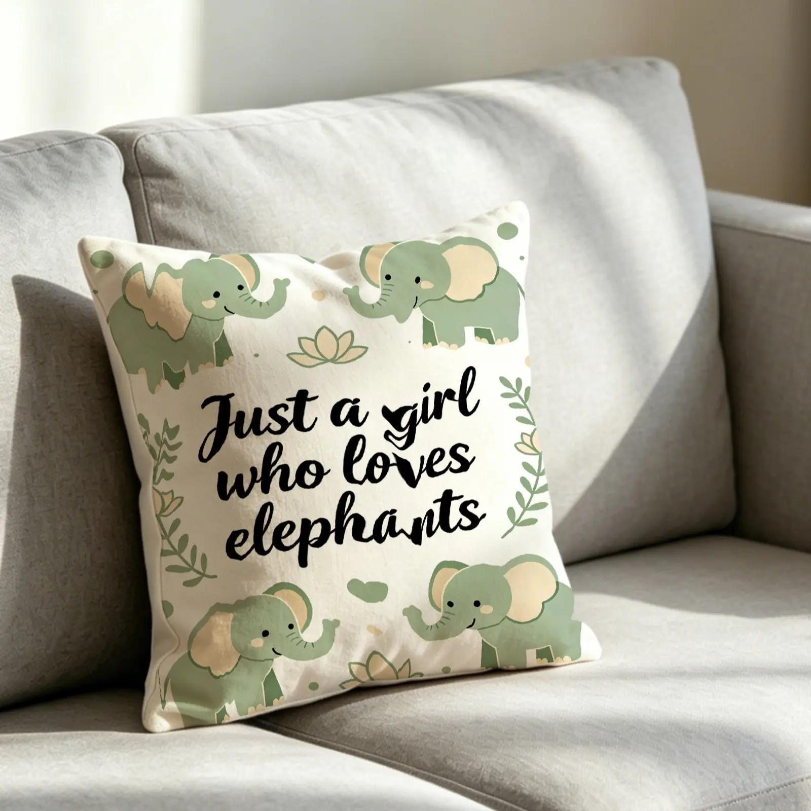 1 Piece Cute Cartoon Elephant Slogan Throw Pillow, “Animal Loving Girls” Design, a Comfortable Decorative Accent Suitable for Sofas, Benches, Bedrooms, Dorm Rooms, Nurseries, and Office Chairs