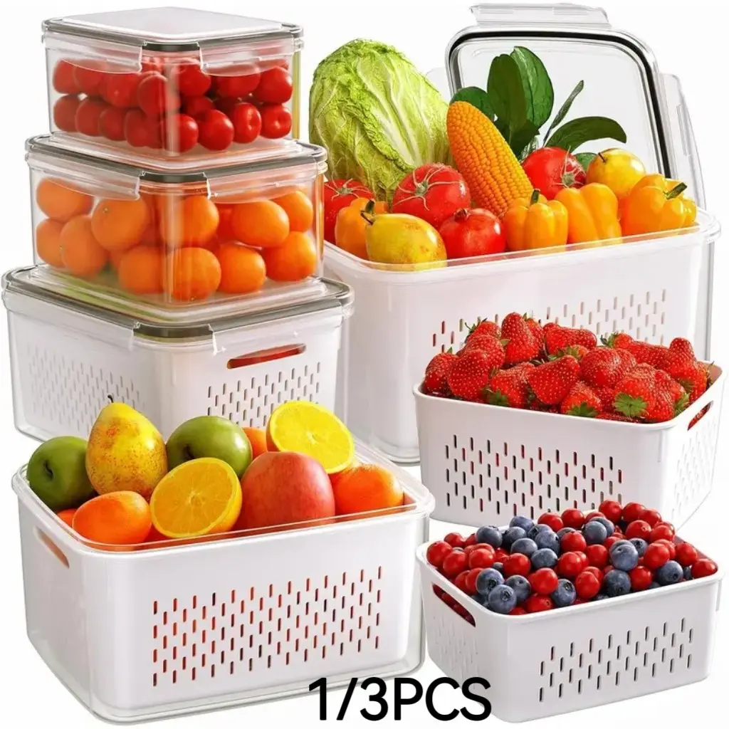 Stackable Fruit Storage Containers, BPA-Free Food Storage, Refrigerator Organizer, Freshness Keeper for Salad, Berries, Vegetables, Meat