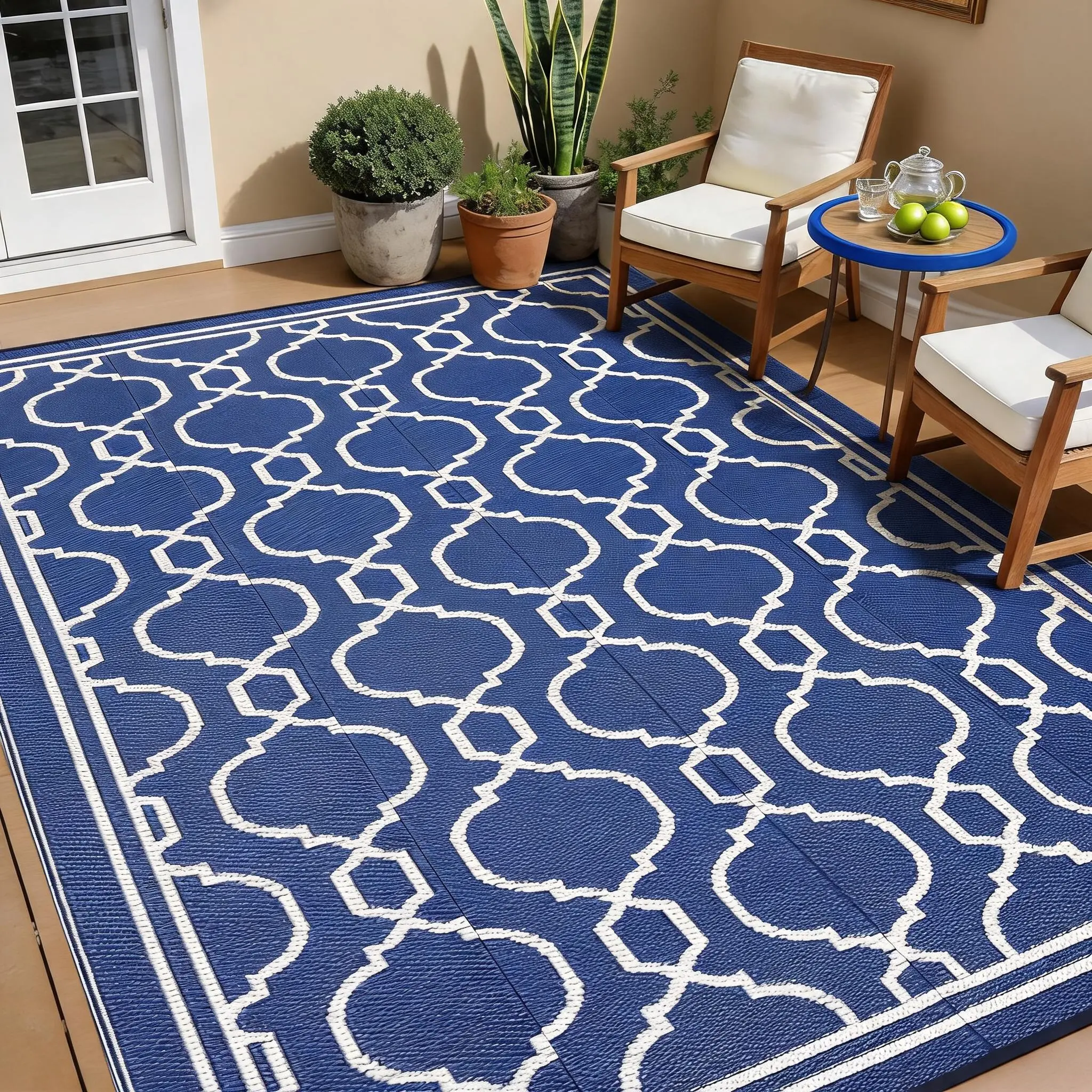 8x10 Reversible Outdoor Rug, Waterproof Blue & White Plastic Straw Mat, UV-Resistant Foldable Area Rug for Patio, Deck, Camping & RV