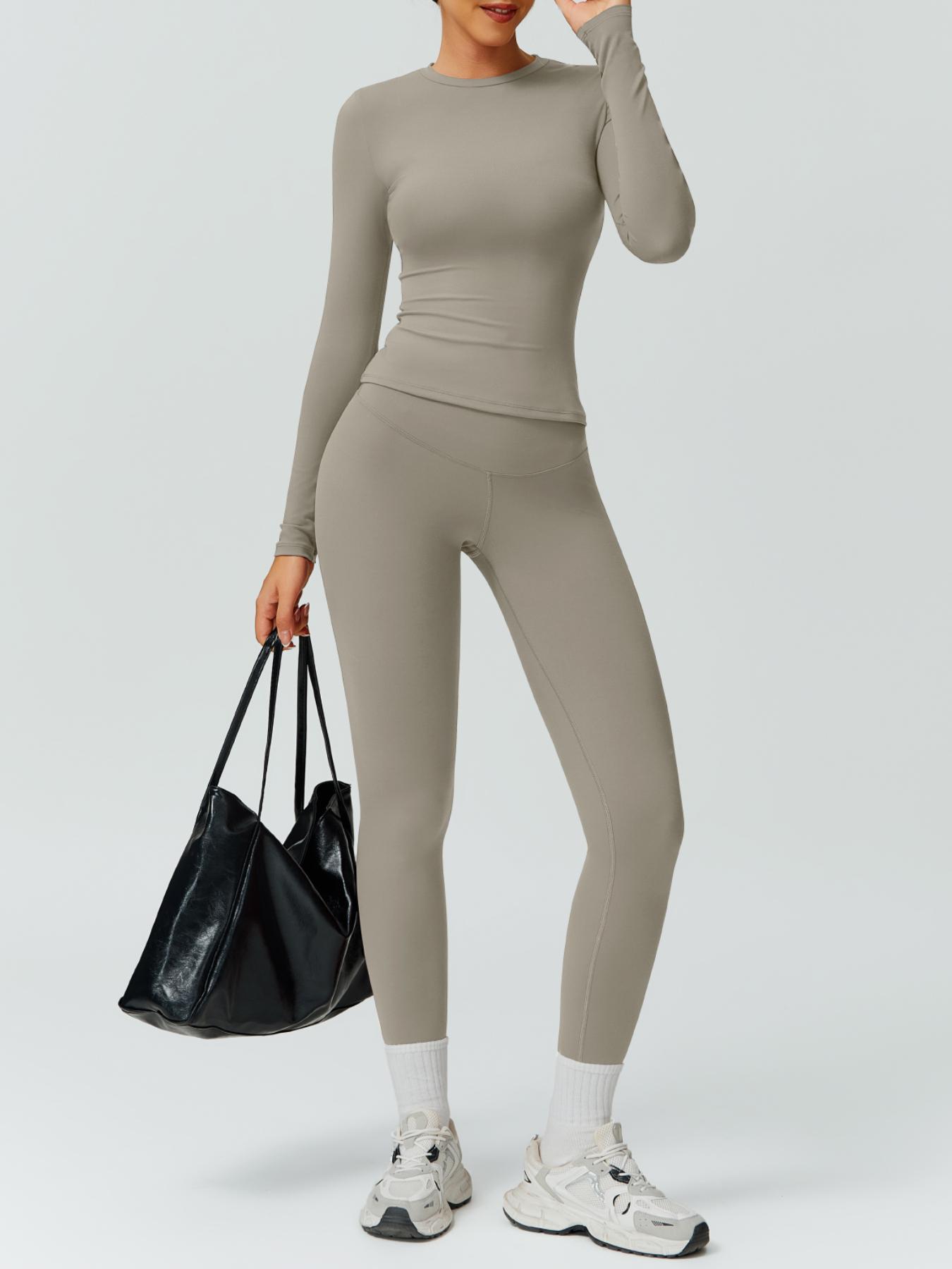 Women's Solid Color Long Sleeve Tee & High Waist Leggings Tracksuit Set, Athletic Activewear Tracksuits, Sporty Comfy Breathable Outfits for Gym Workout Running, Ladies Fall & Winter Sportswear