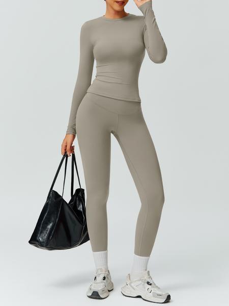 Women's Solid Color Long Sleeve Tee & High Waist Leggings Tracksuit Set, Athletic Activewear Tracksuits, Sporty Comfy Breathable Outfits for Gym Workout Running, Ladies Fall & Winter Sportswear