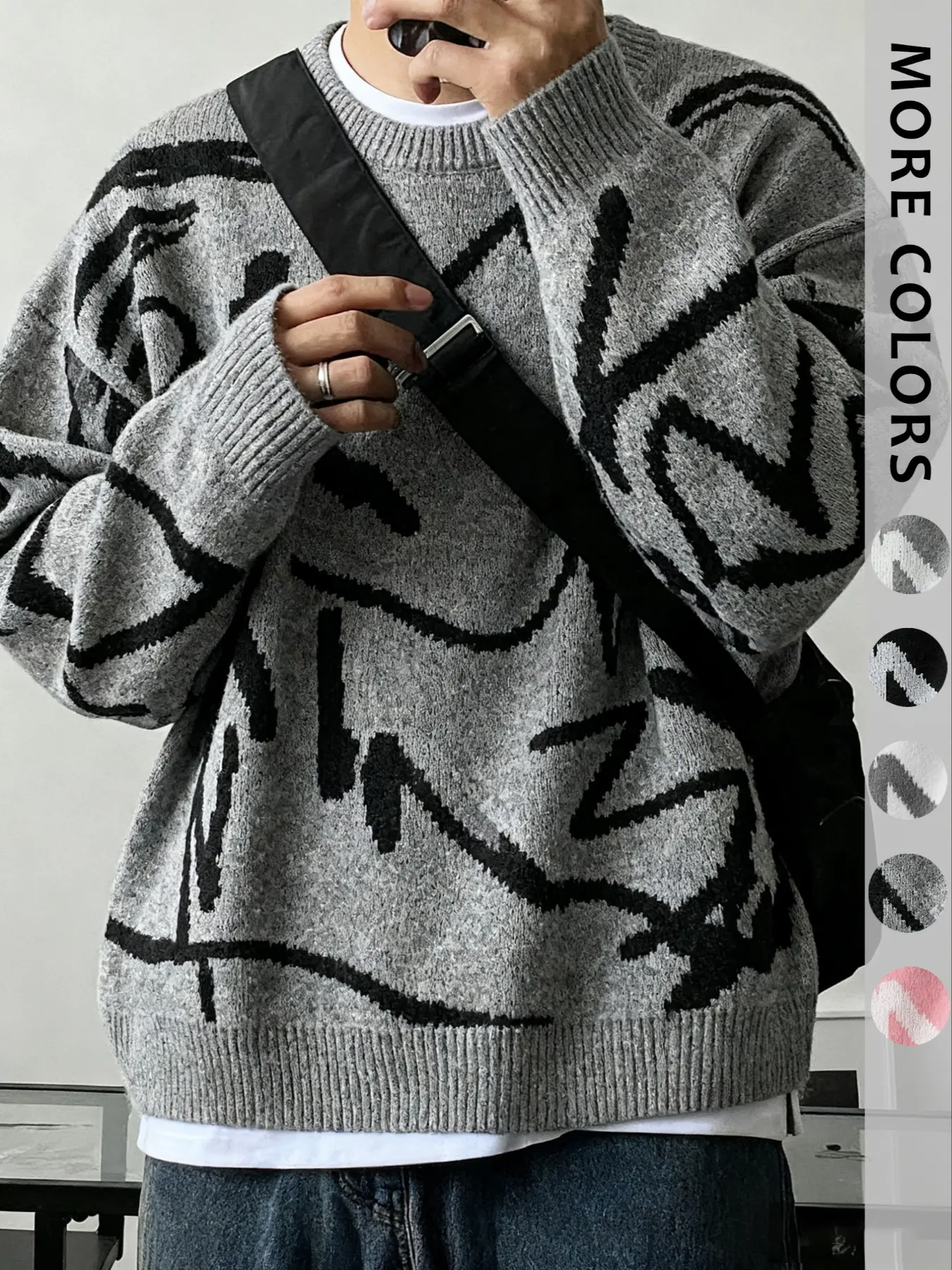 Men's Fashion Casual Long Sleeve Round Neck Fall & Winter Geometric Stripe Sweater, Artistic Knit Warm Breathable Fabric