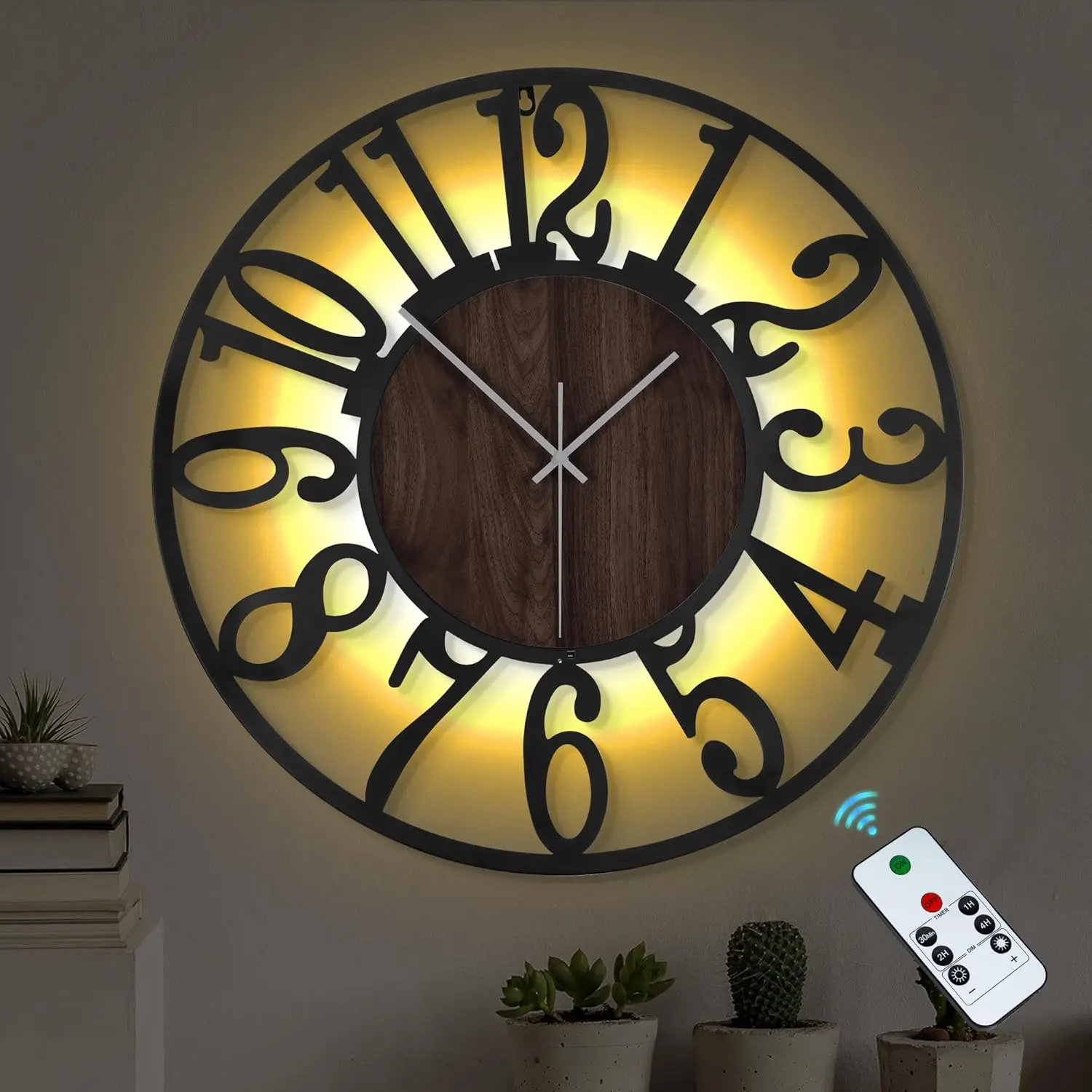 LEIKE Large Wall Clock 20'' Lighted Rustic Wood Clock with Remote Timer, Silent Battery Operated Modern Oversized Wall Clock for Living Room, Bedroom, Farmhouse, Home Decor, Large Number Display