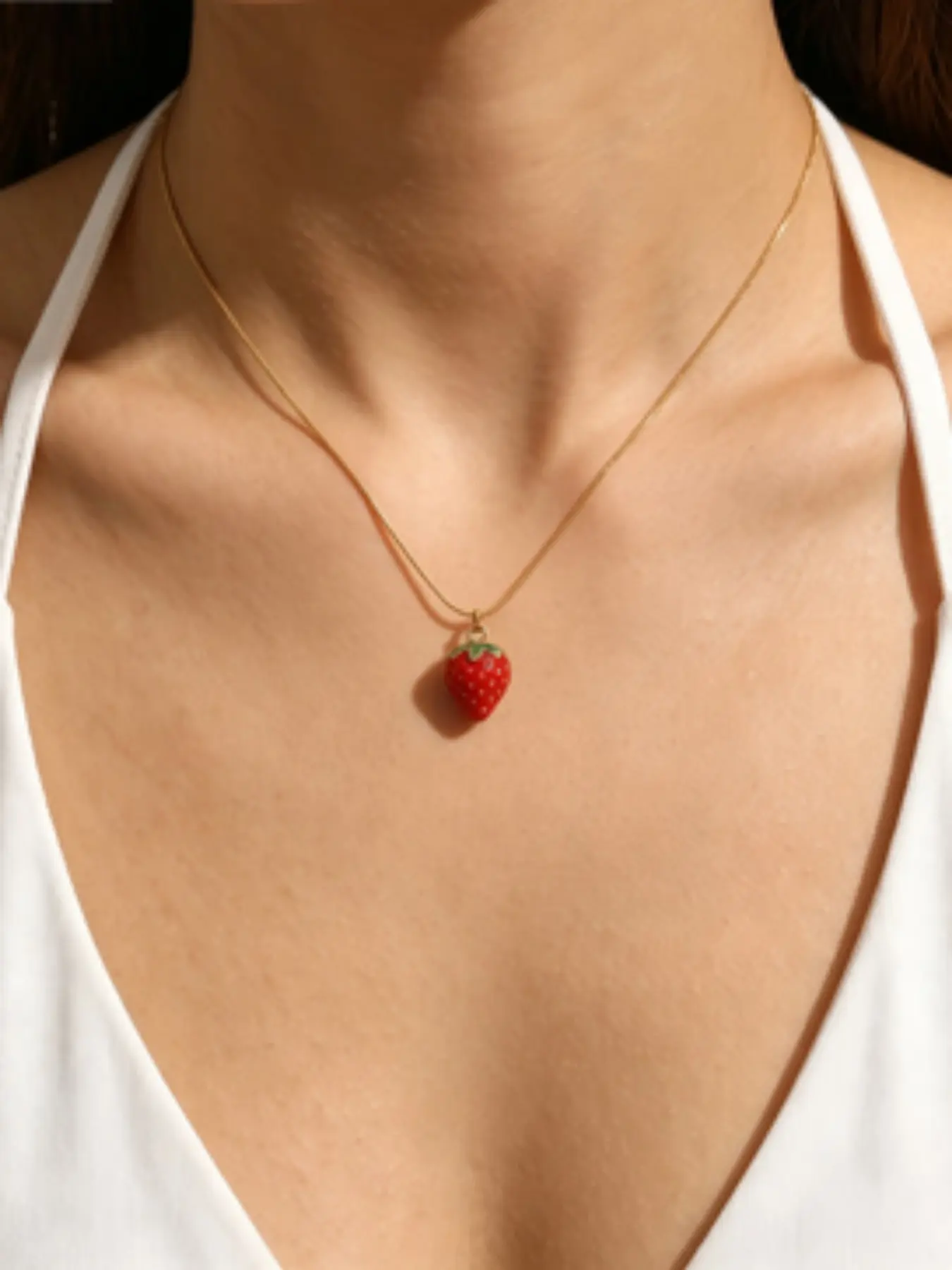 18k Gold Plated Strawberry Pendant Necklace, Stainless Steel Snake Chain, Waterproof, Cute Daily Wear, Women's Lockbone Jewelry