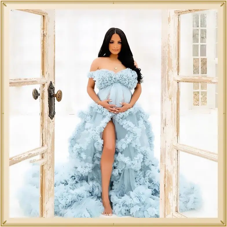 Pregnancy dress elegant pregnant woman evening dress robe one shoulder long transparent bride pregnancy tulle skirt fashion personality show belly