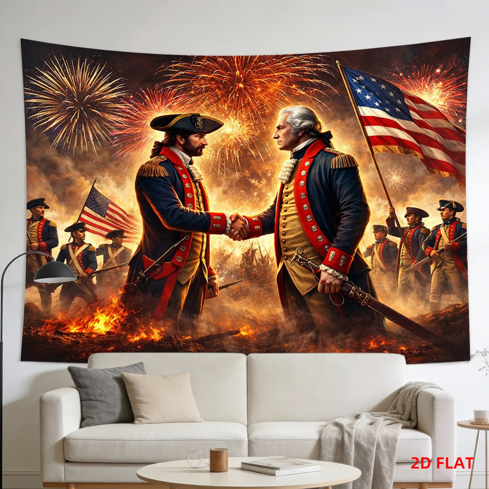 George Washington Historical Scene Tapestry - Polyester Fabric Hanging Wall Decoration, American Revolution Fireworks Bicentennial Design, Indoor/Outdoor Gift for Living Room Meditation, Lightweight