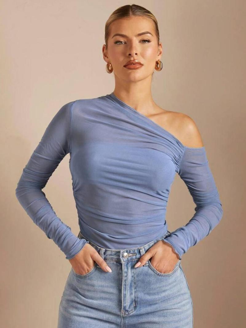 Women's Plain One Shoulder Tee, Trendy Casual Long Sleeve T-shirt for Daily Wear, Ladies Summer Outfit