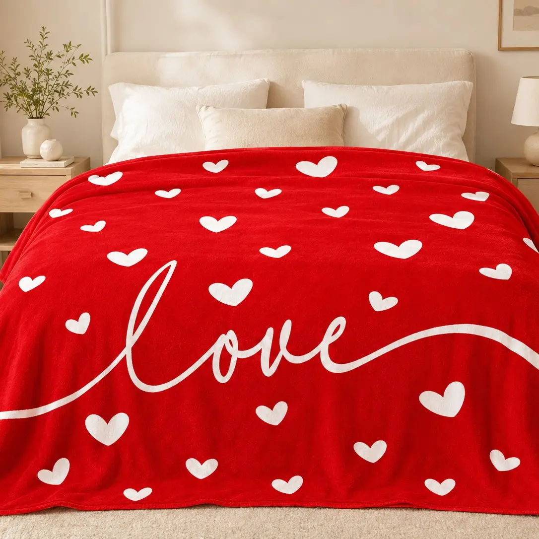 1PC Flannel Throw Blanket, Red Heart and Love Letter Theme, Romantic Sweet Minimalist Couple Style Print, Soft Skin-Friendly Plush Fleece Blanket, Lightweight Cozy Warm Throw for Bed, Bedroom Decor, Sofa, Nap, Movie Night, Valentine’s Day, Anniversary, We