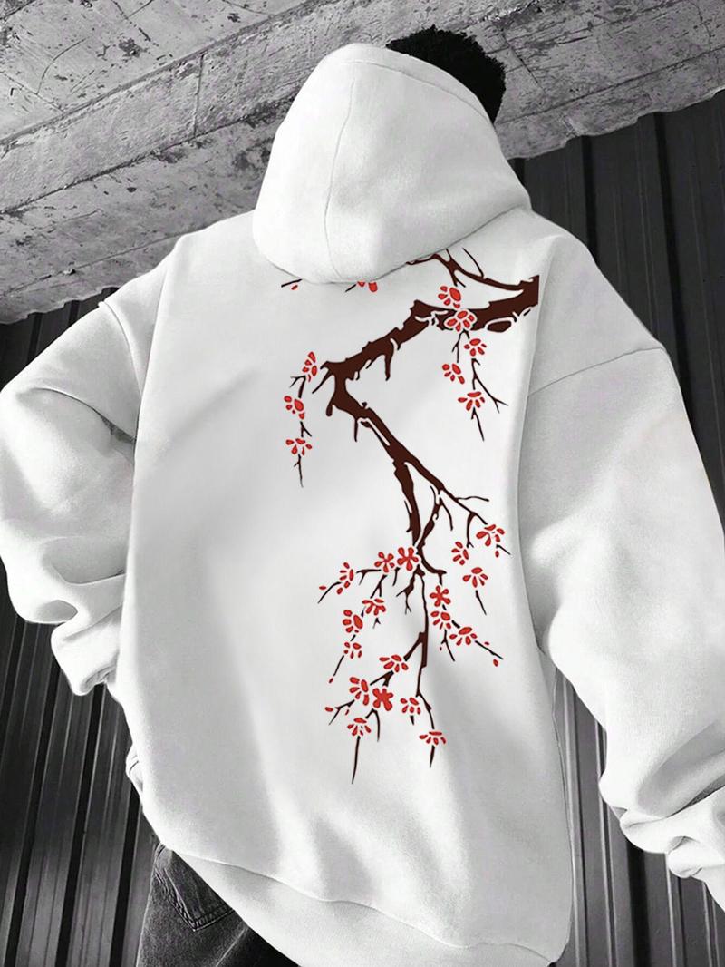 Men's Floral Print Drop Shoulder Hoodie, Fashion Casual Regular Fit Drawstring Pocket Hooded Sweatshirt for Daily Holiday Outdoor Wear, Men Clothes for Fall & Winter