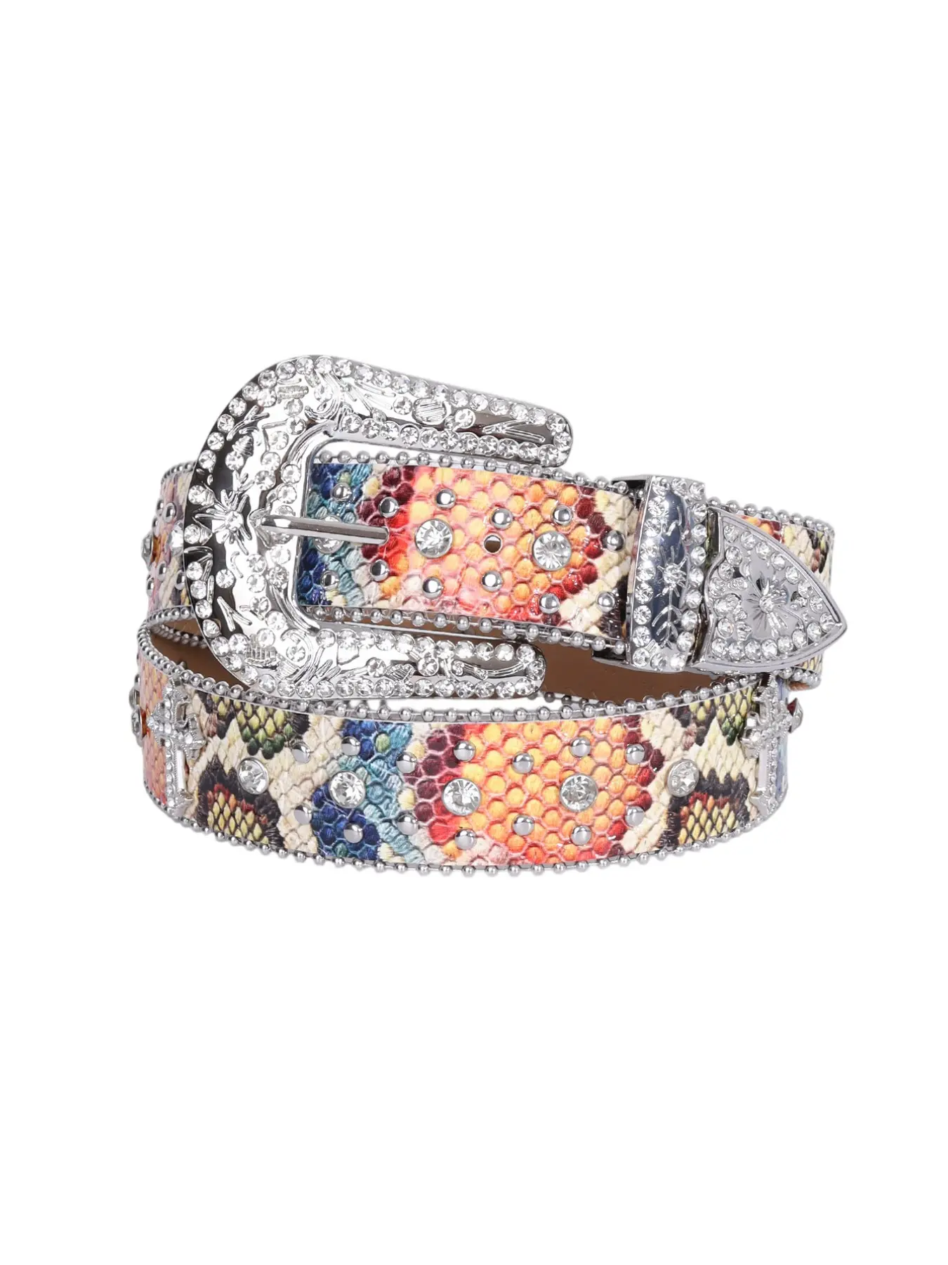 Vibrant Multicolor Snake Skin Studded Cross Belt, Rainbow Snakeskin Print Rhinestone Cross Sparkling Western Belt, Y2K Gothic Cowboy Waist Strap, Unisex Statement Cross Buckle Belt