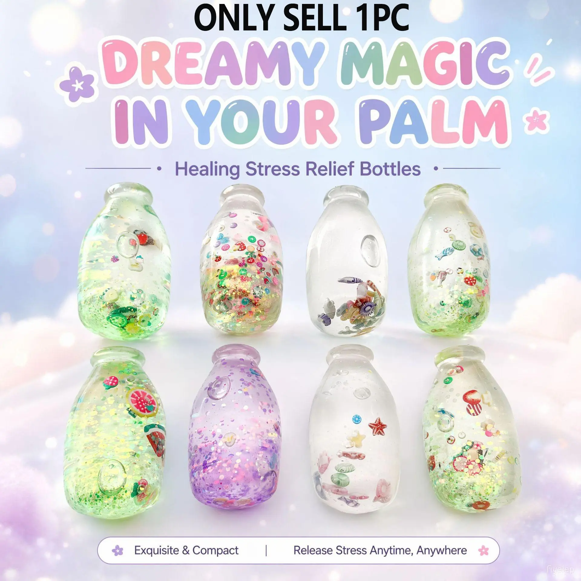 Malt Sugar Bottle Squishy, Transparent Body with Glitter, Sensory Squishy, Stress Relief Toy, Hand Relaxation, Fun Party and Birthday Gift, Random Style