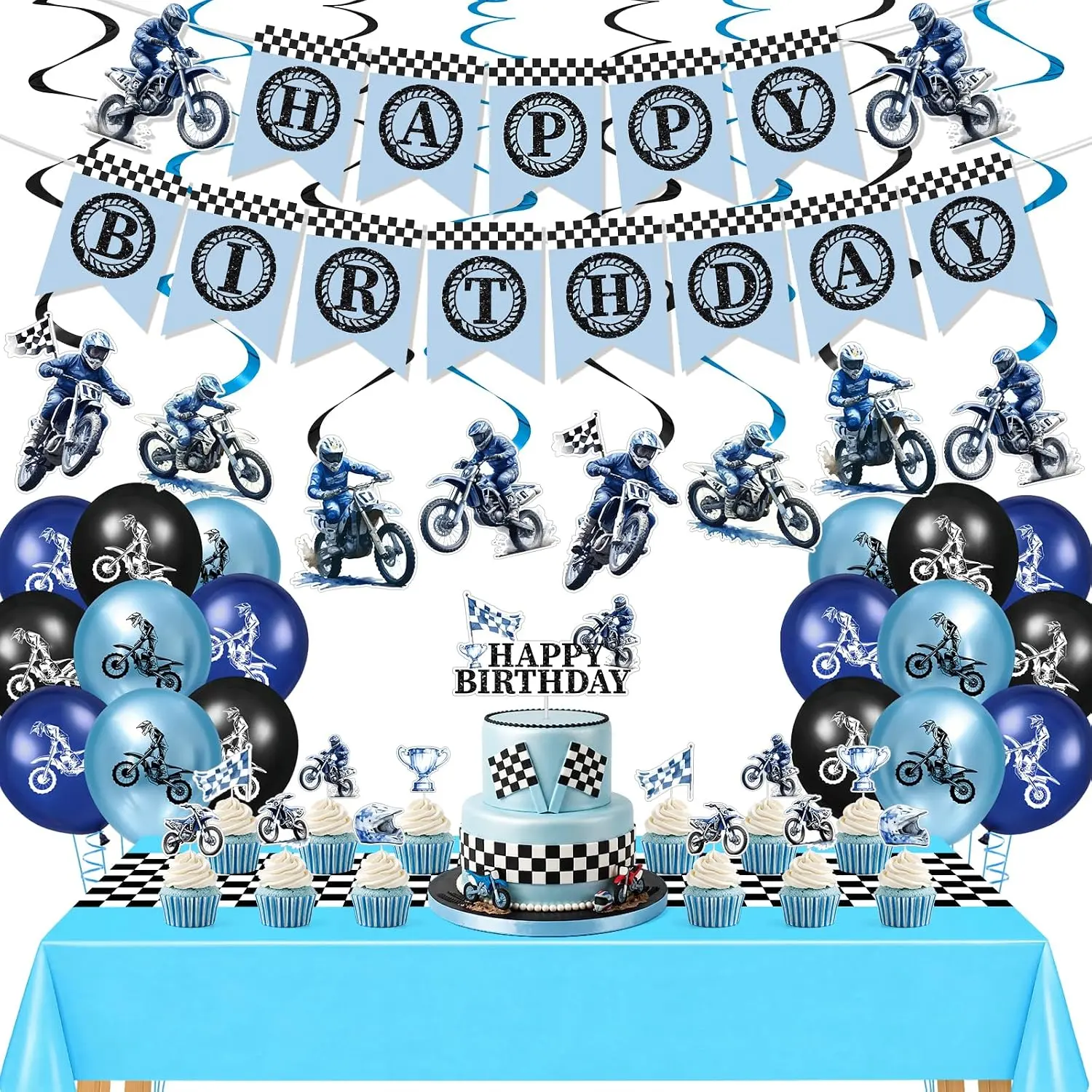 Dirt Bike Motorcycle Birthday Party Decor Kit |   Banner, Balloons, Swirl Decor, Tablecloth, Cake Topper, Motocross Party Supplies for Boys & Men