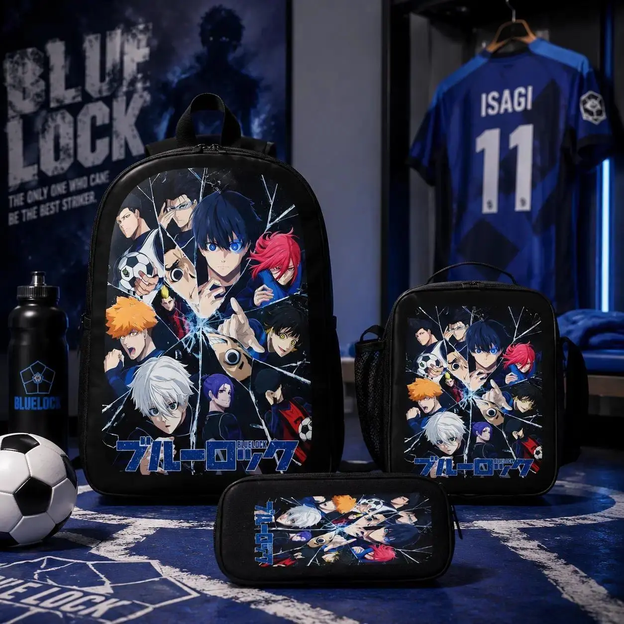 Blue Lock Anime Backpack Character Faces Adjustable Straps Zipper Black Base Anime Fans Conventions Everyday 3 Piece Set Backpack Lunch Pencil Case