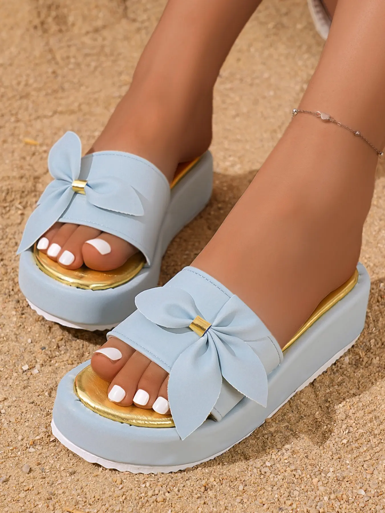 Summer New Fashion 3D Large Bow Open-Toe Thick Sole Sandals, Comfortable Casual Outdoor Shoes, Versatile Beach Vacation Commute Flat Sandals
