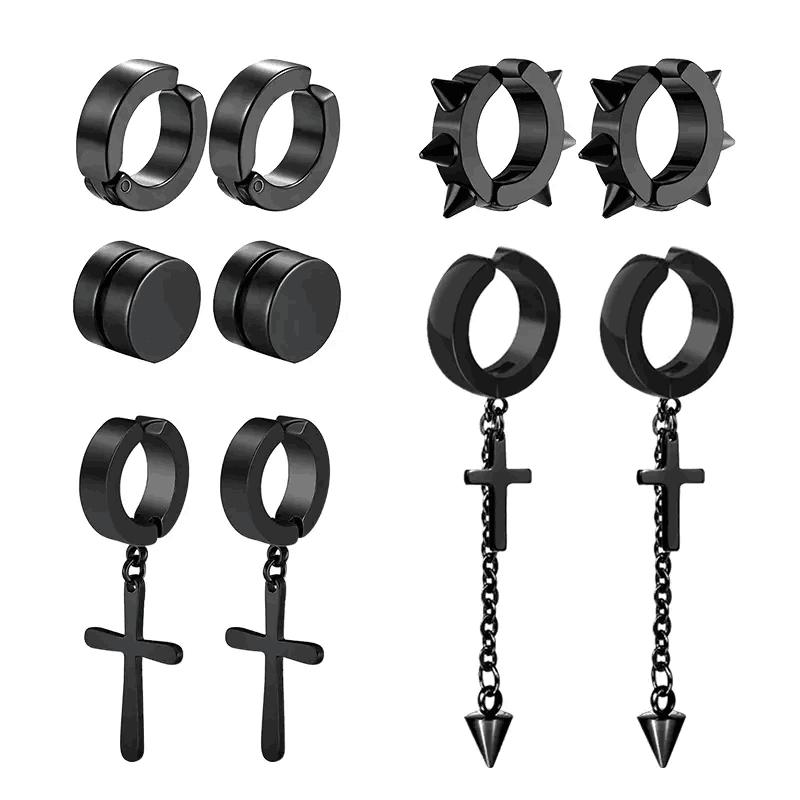 5 pairs of fashionable men's punk cross pendants stainless steel earless magnet earrings set
