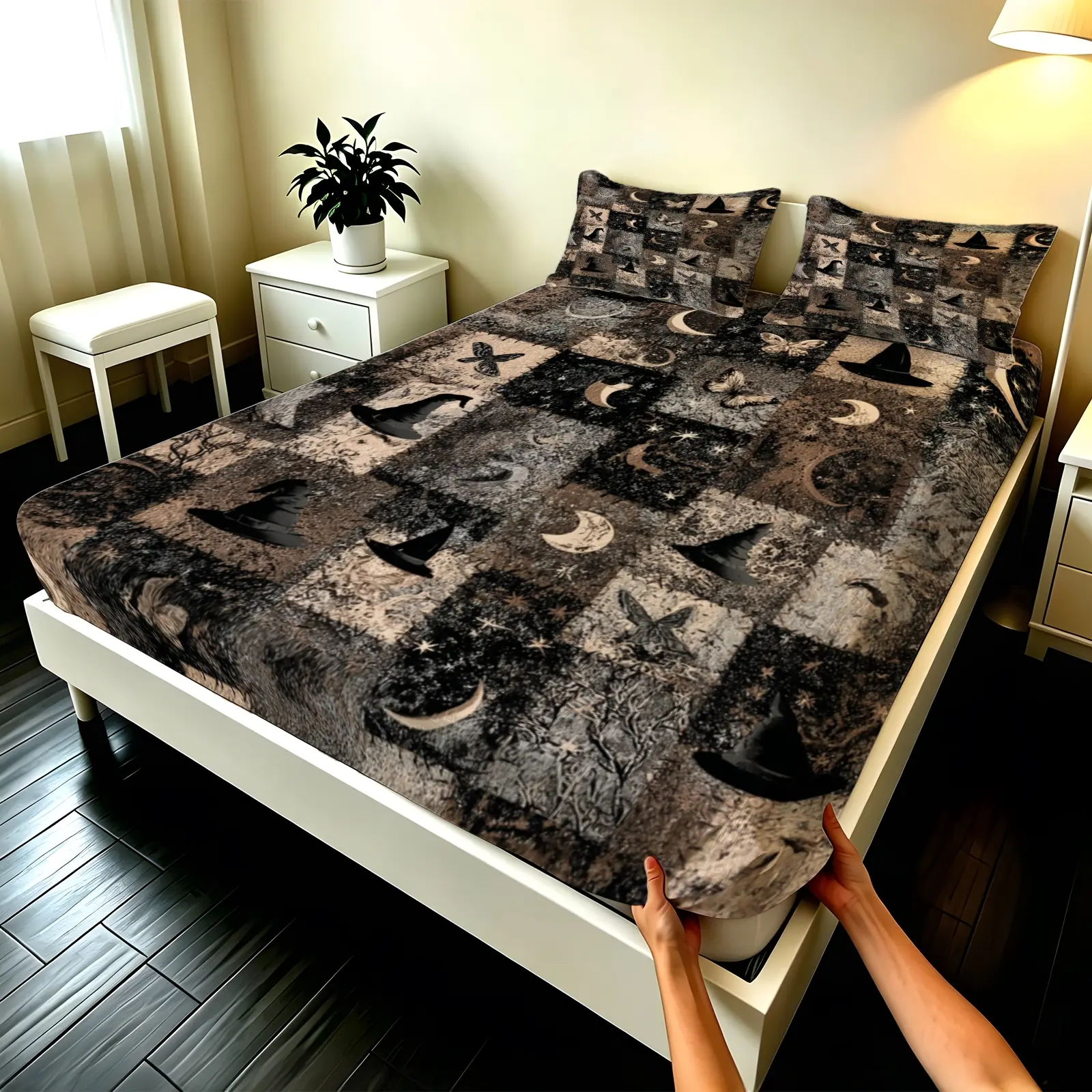 3pcs Fitted sheet Witchy Gothic Crescent Moon Witch Hat Print Theme Bedding Set, Soft Microfiber Breathable Wrinkle Resistant Fade Proof Comfortable Bedroom Home Bedding, Fit Twin Full Queen King Size