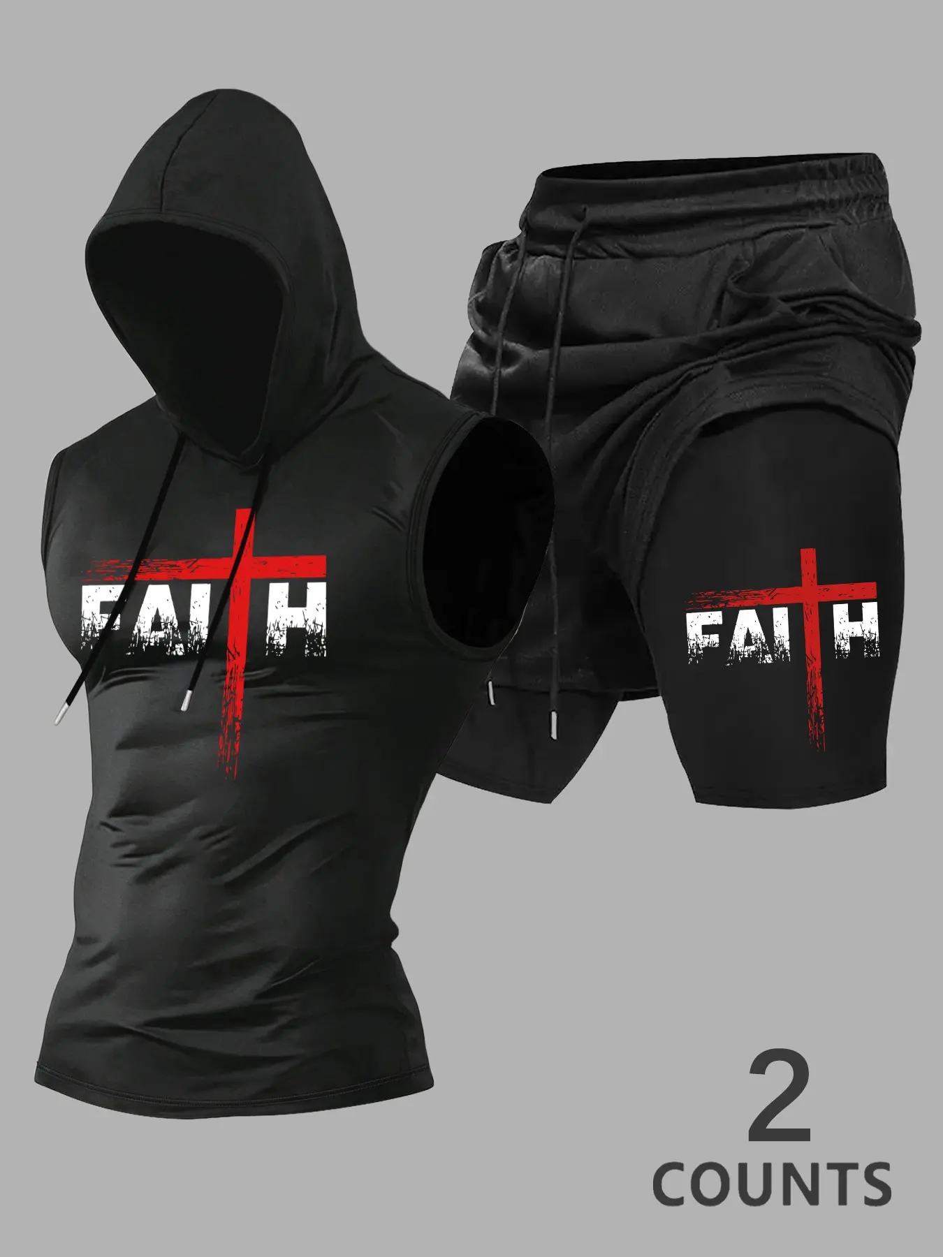 Summer Men's Set Letter Print Hooded Sleeveless Vest + Casual Waist Drawstring Shorts, Outdoor Sports Set, Casual Breathable Sportswear, Comfortable Breathable Fabric, 2 Pieces