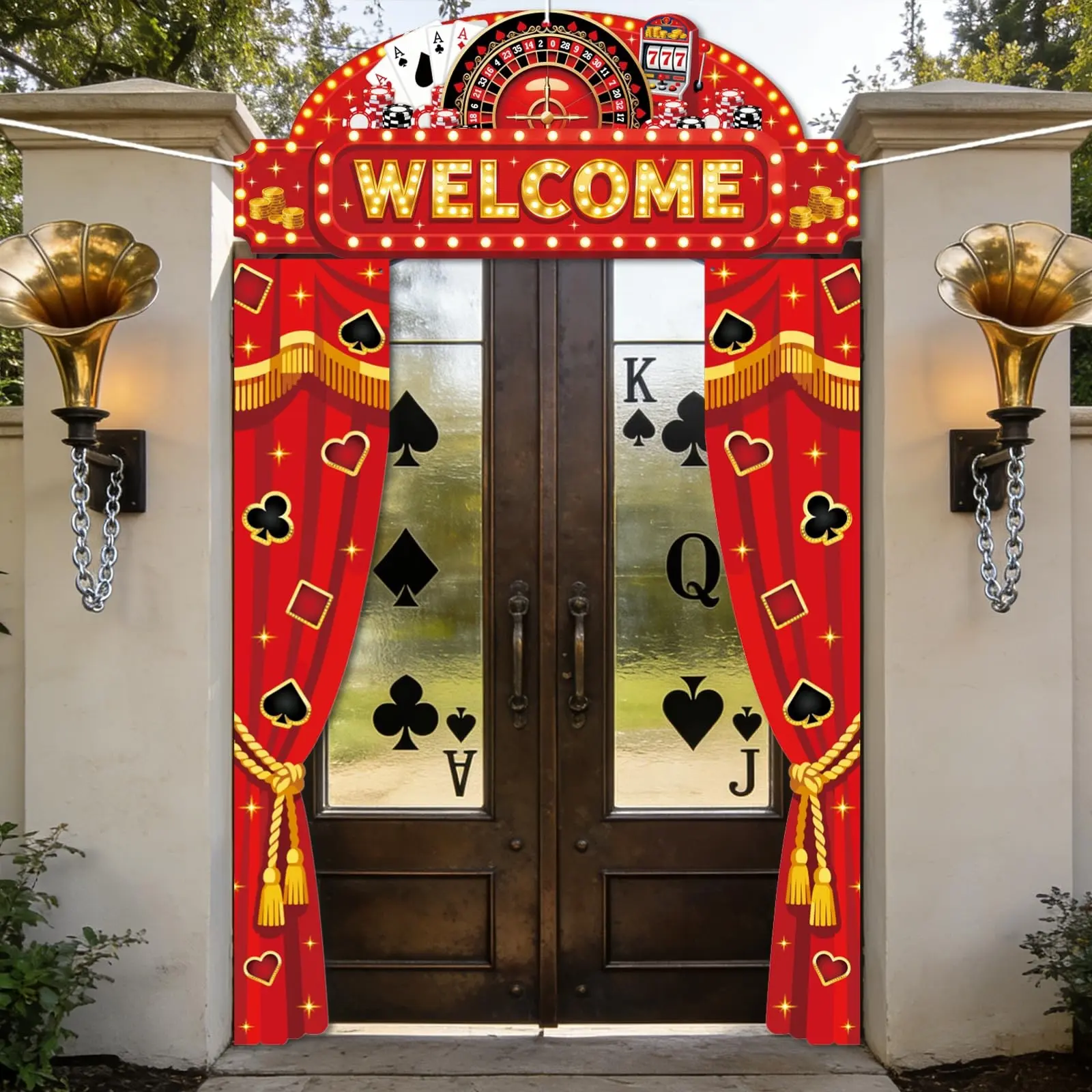 Three-Piece Welcome and Poker Theme Porch Sign Banner Set, Poker Card Pattern Party Decor Hanging Welcome Banner for Birthdays BBQ Photo Backdrop, Gambling Decor Photo Prop