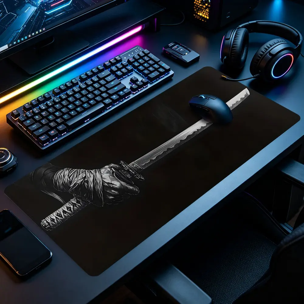 Black White Samurai Katana Hand Large Gaming Mouse Pad Japanese Warrior Sword Sketch Art Rubber Non-Slip Base Stitched High Quality Desk Protector Smooth Surface For Gaming Office School Home Perfect Gift For Friends Family Colleagues