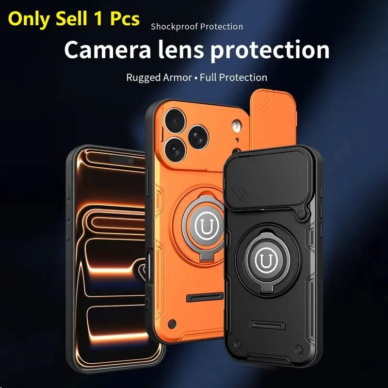 iPhone 17 16 15 Pro Max Case, Accessories, Military 360° Metal Ring Kickstand, Camera Slide Cover, Rugged Shockproof Hard Shell Protector