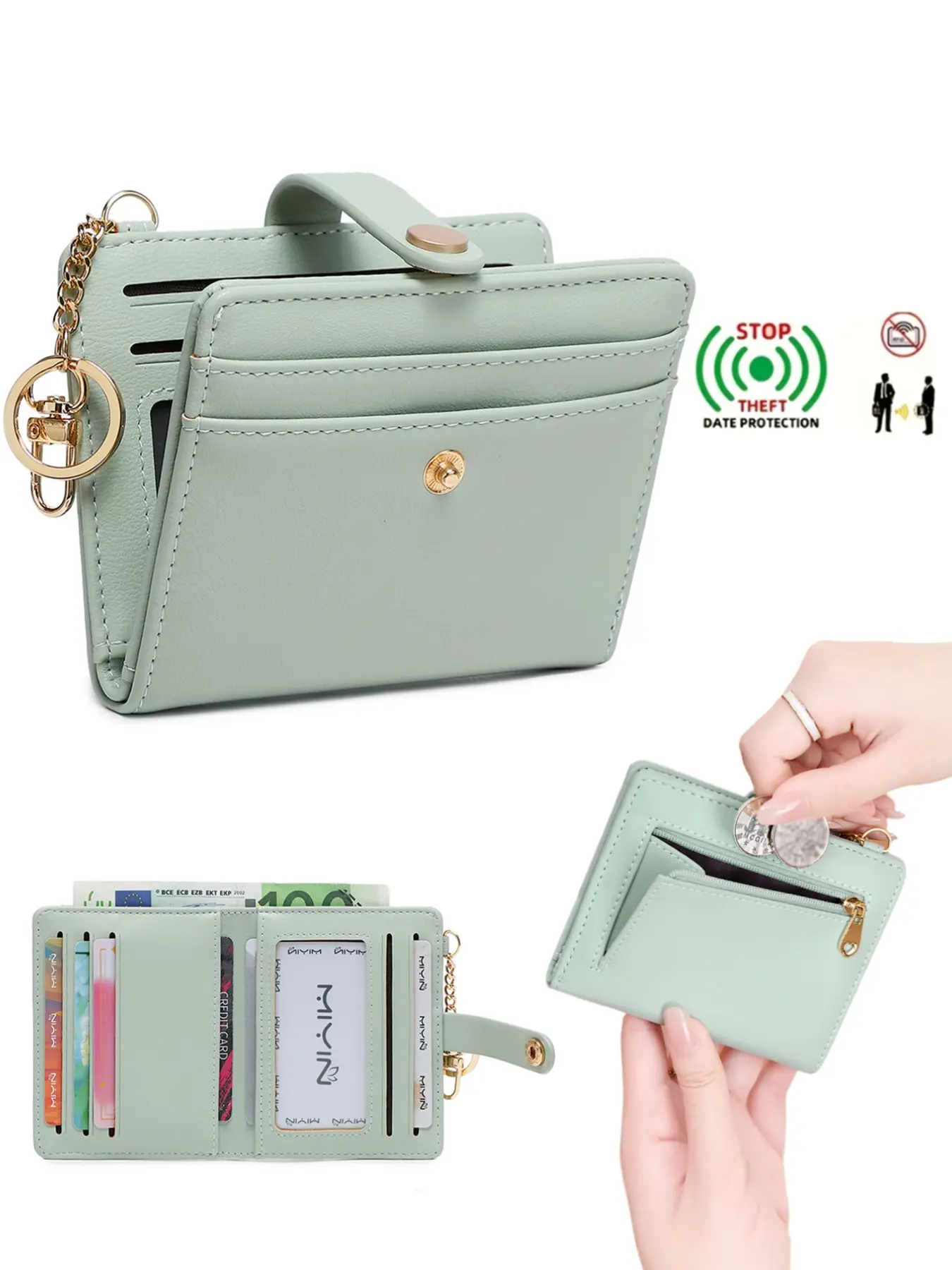 Ladies' Slim Fit Double Fold Wallet, RFID Bifold, RFID Shielding, RFID Shielded Wallet, Mini Card Clip, With ID Card Window, Multifunctional Coin Purse, Zippered Change Pocket, Snap Closure, Practical Design, Suitable For Daily Use, Ideal Gift