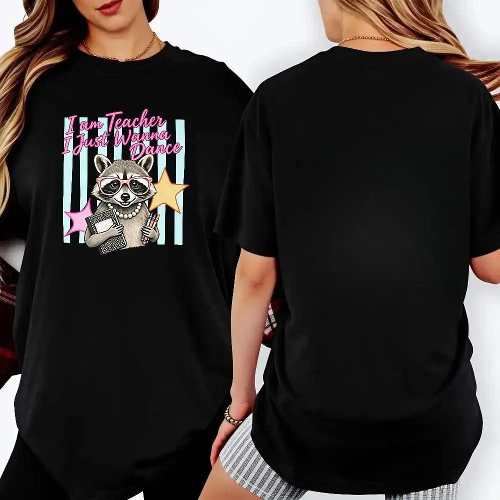 Men's "I Just Wanna Dance" Raccoon Teacher Printed Round Neck T-Shirt - 100% Pure Cotton Short Sleeve Tee, Relaxed Fit Lightweight Top for Daily Wear, Tshirt, Smooth, Streetwear, Fabric, Reinforced Stitch, Anniversary, Graphic, Soft