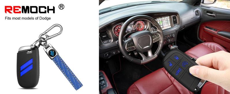 for Dodge Key Fob Cover with Keychain for Dodge Charger Challenger Dart Durango Journey Replacement Remote Control 3 4 5 Buttons Key Fob Shell (Blue Trim, 1 PC)