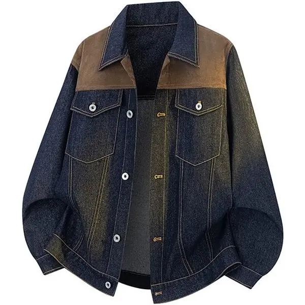 Vintage-Style Versatile Patchwork Gradient Washed Denim Jacket For Men, Turn-Down Collar Patchwork Commuter Skateboard Street Casual Gradient Distressed Workwear Jacket, American Street Fashion Denim Jacket