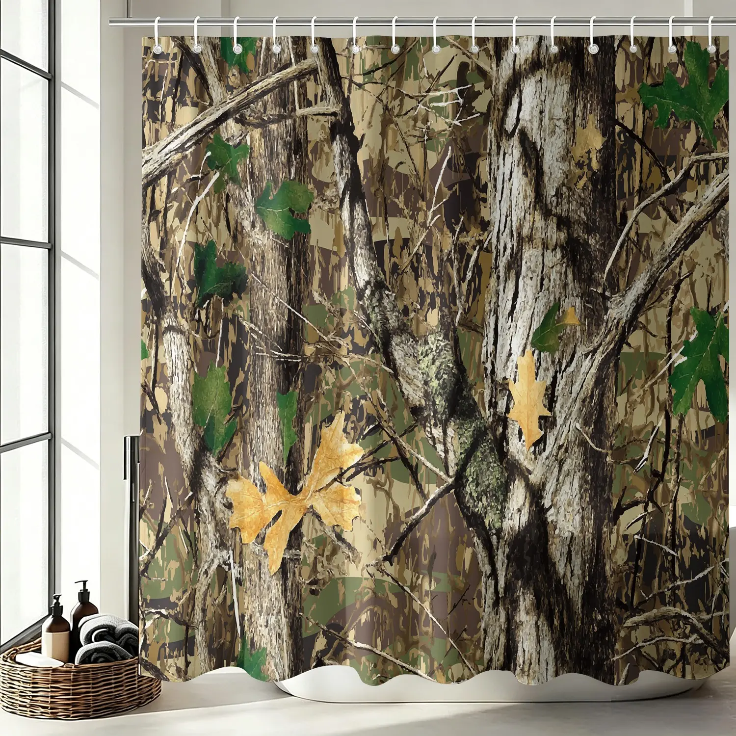 Outdoor Hunting Real Tree Camo Aesthetic Shower Curtain Set, Waterproof Bathtub Curtain with Hooks, Rustic Forest Wood Camouflage Men Bathroom Decor Accessories