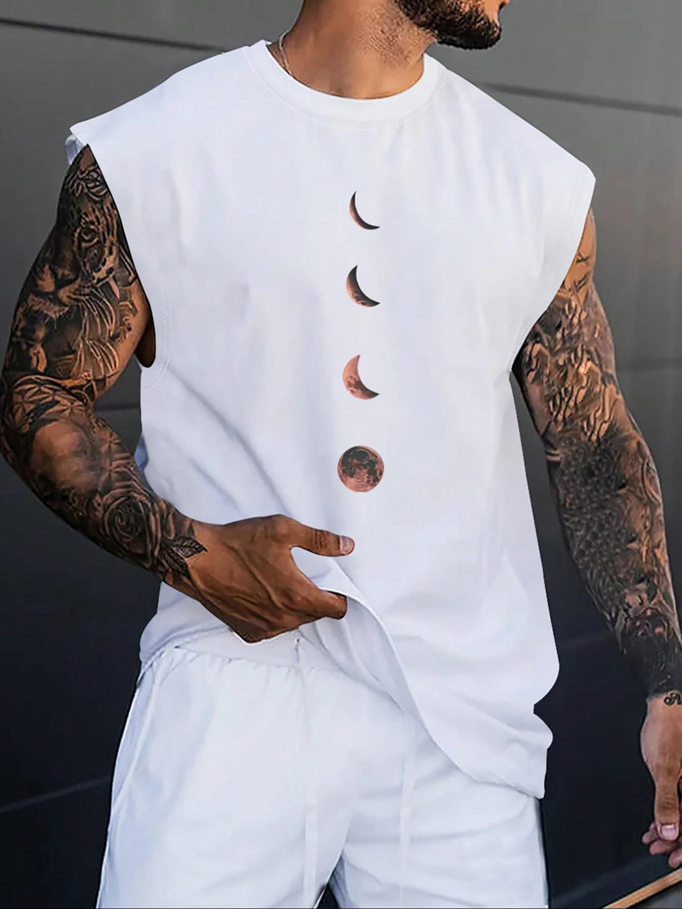 Men's Moon Print Wide Shoulder Vest, Regular Fit Casual Sleeveless Graphic Tank Top for Summer, Men's Top for Daily Wear, Menswear, Casual Streetwear Top, Casual Street Style