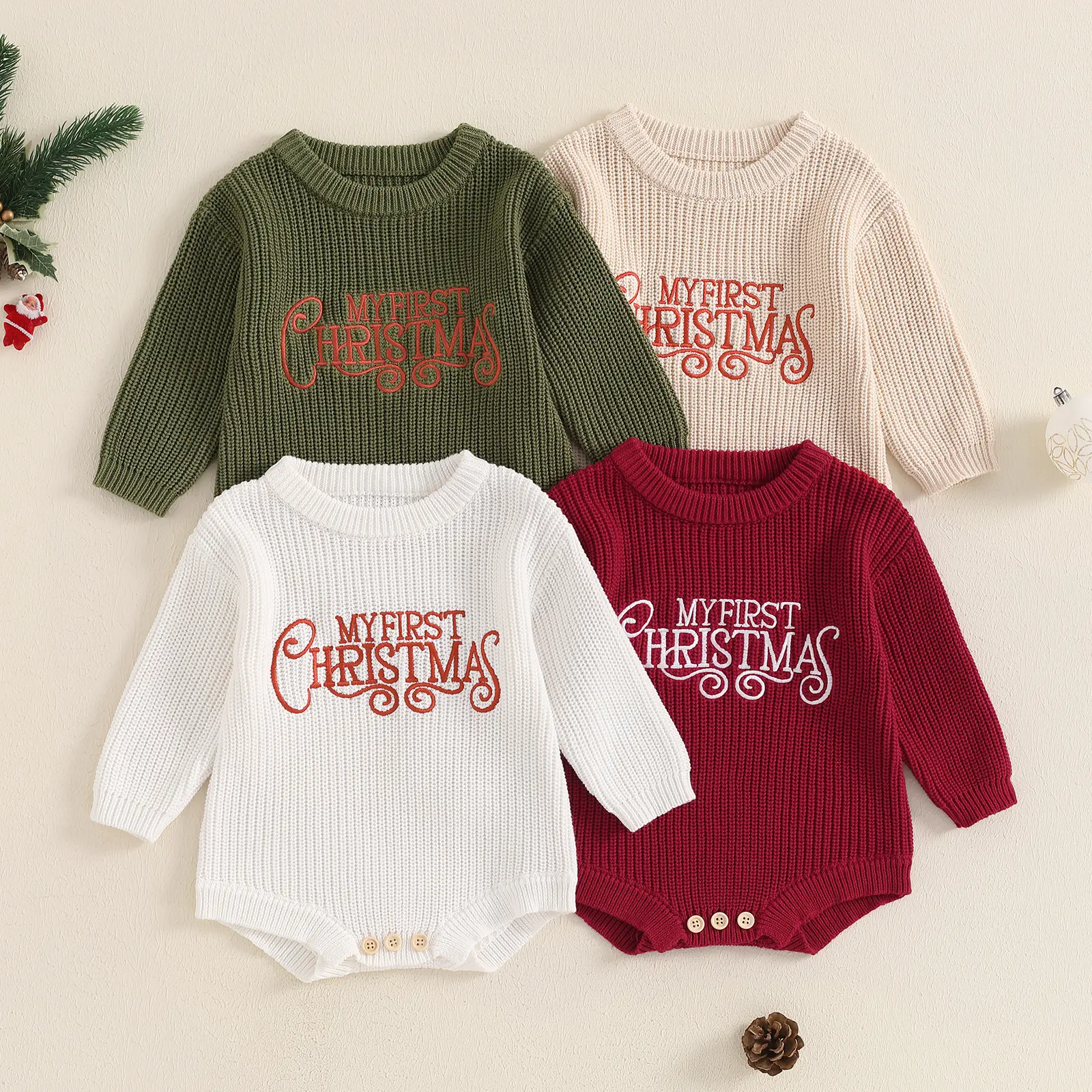 Infant Baby Girl Boy My First Christmas Sweater Bubble Romper Long Sleeve Jumpsuit Fall Winter Outfit 0-18 Months