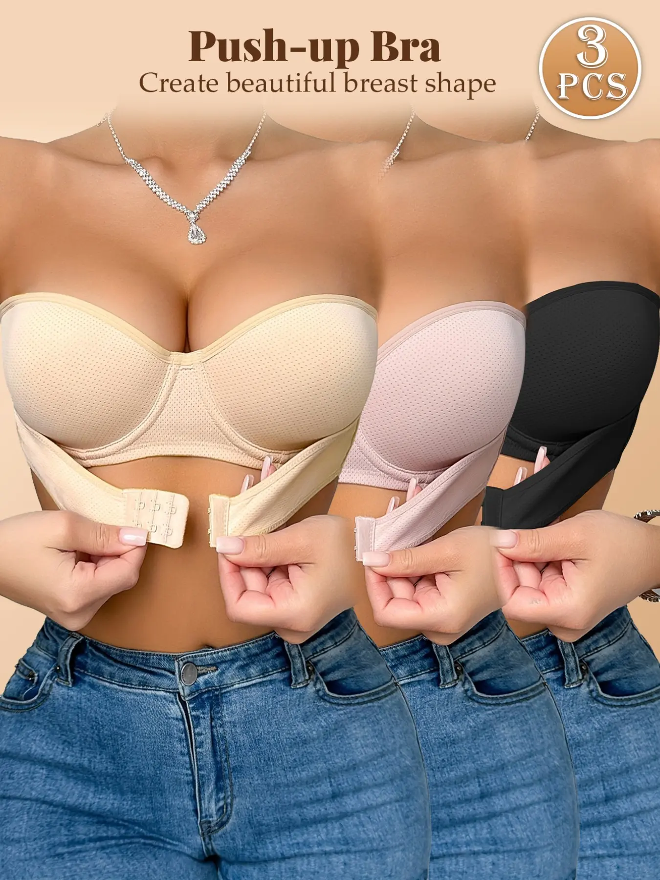 1/2/3PCSWomen Front Snap Anti-slip Strapless Bra, Casual, Detachable Invisible Clear Straps, Breathable Mesh Push Up Bra With Side Support For Off Shoulder Clothes