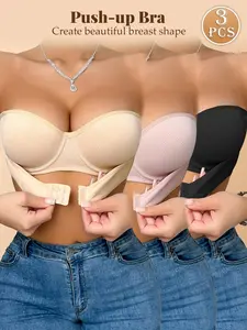 1/2/3PCSWomen Front Snap Anti-slip Strapless Bra, Casual, Detachable Invisible Clear Straps, Breathable Mesh Push Up Bra With Side Support For Off Shoulder Clothes
